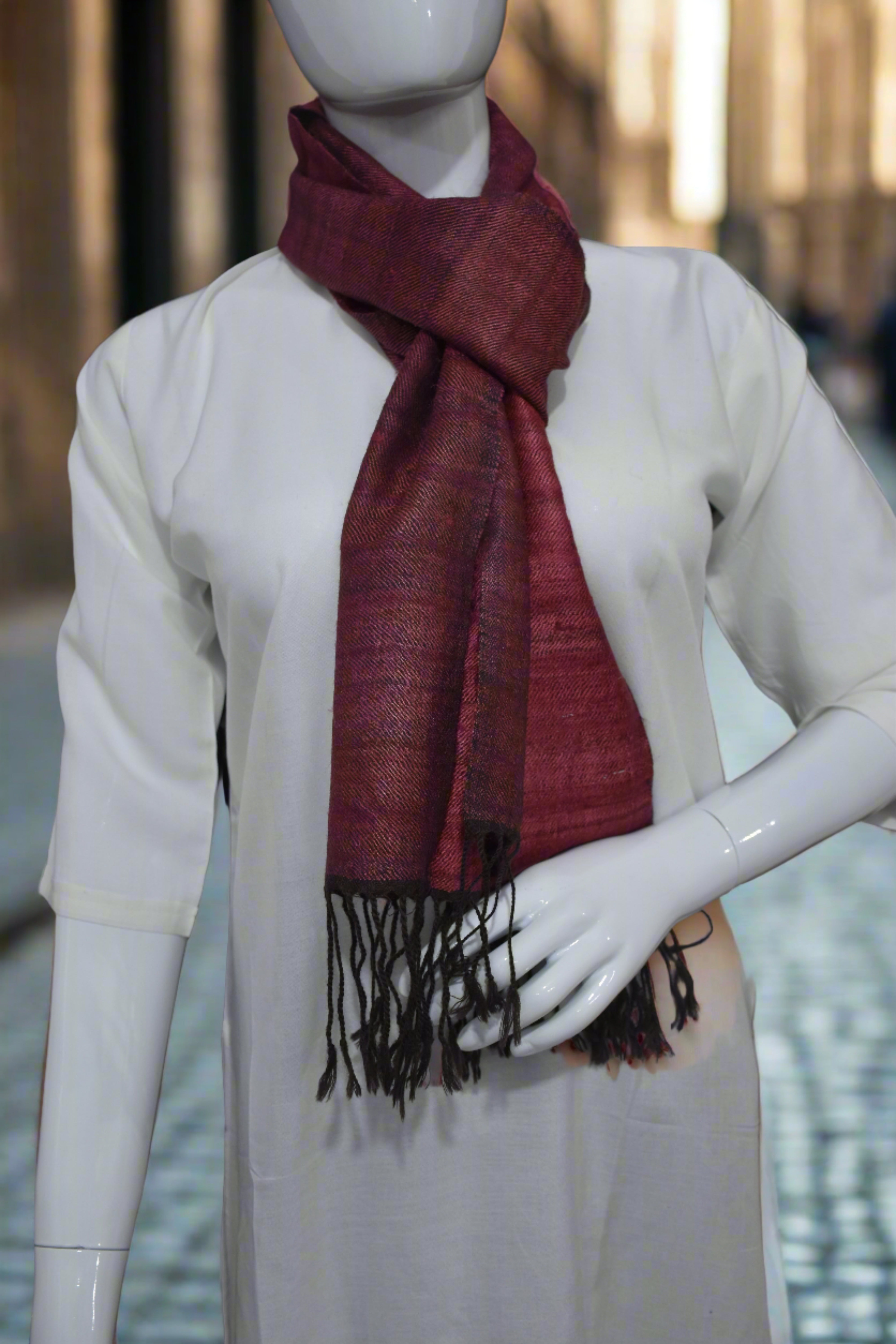 Silk Wool Scarf | Magenta with Black Fringes