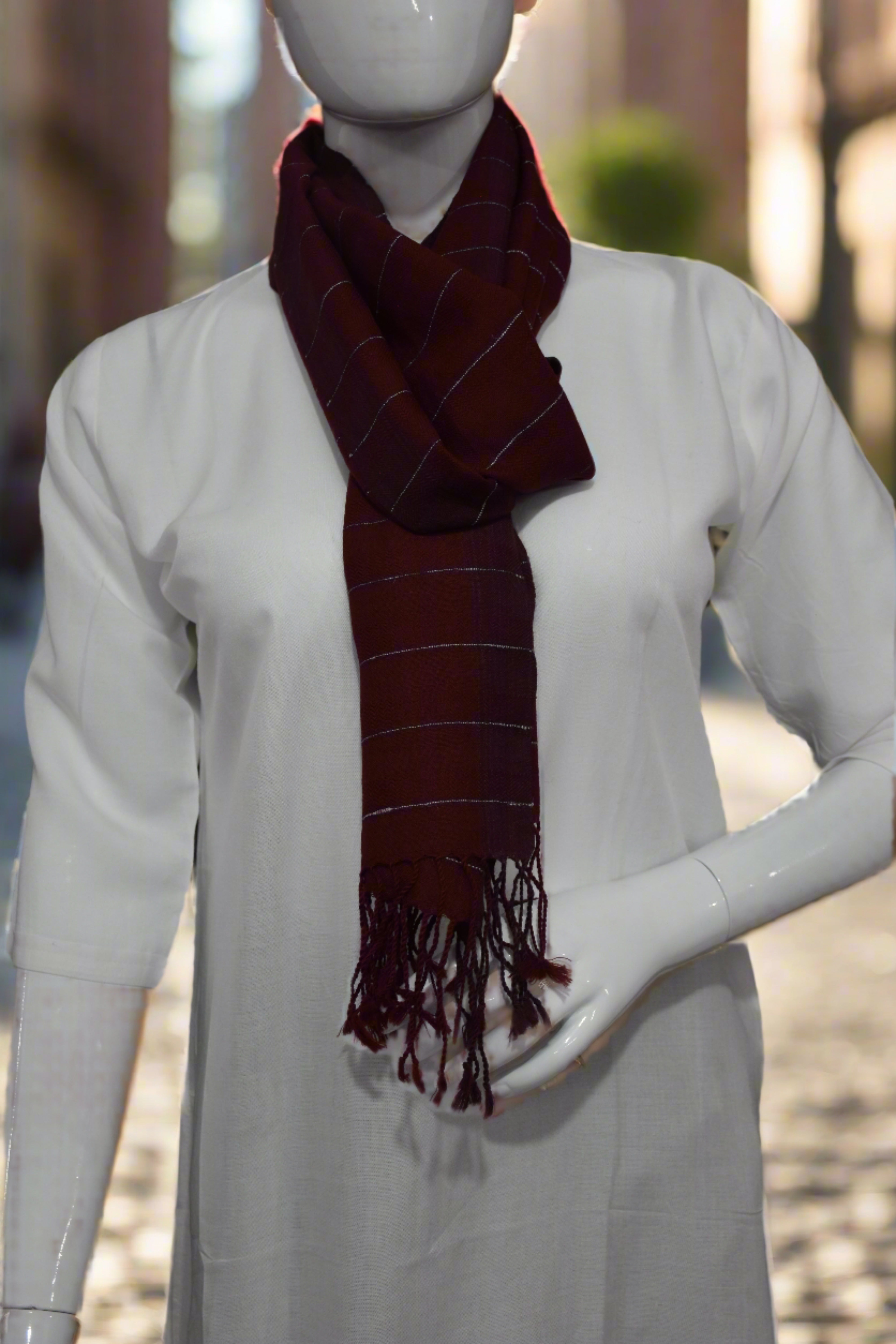 Silver lining Merino Wool Scarf | Maroon with White Stripes