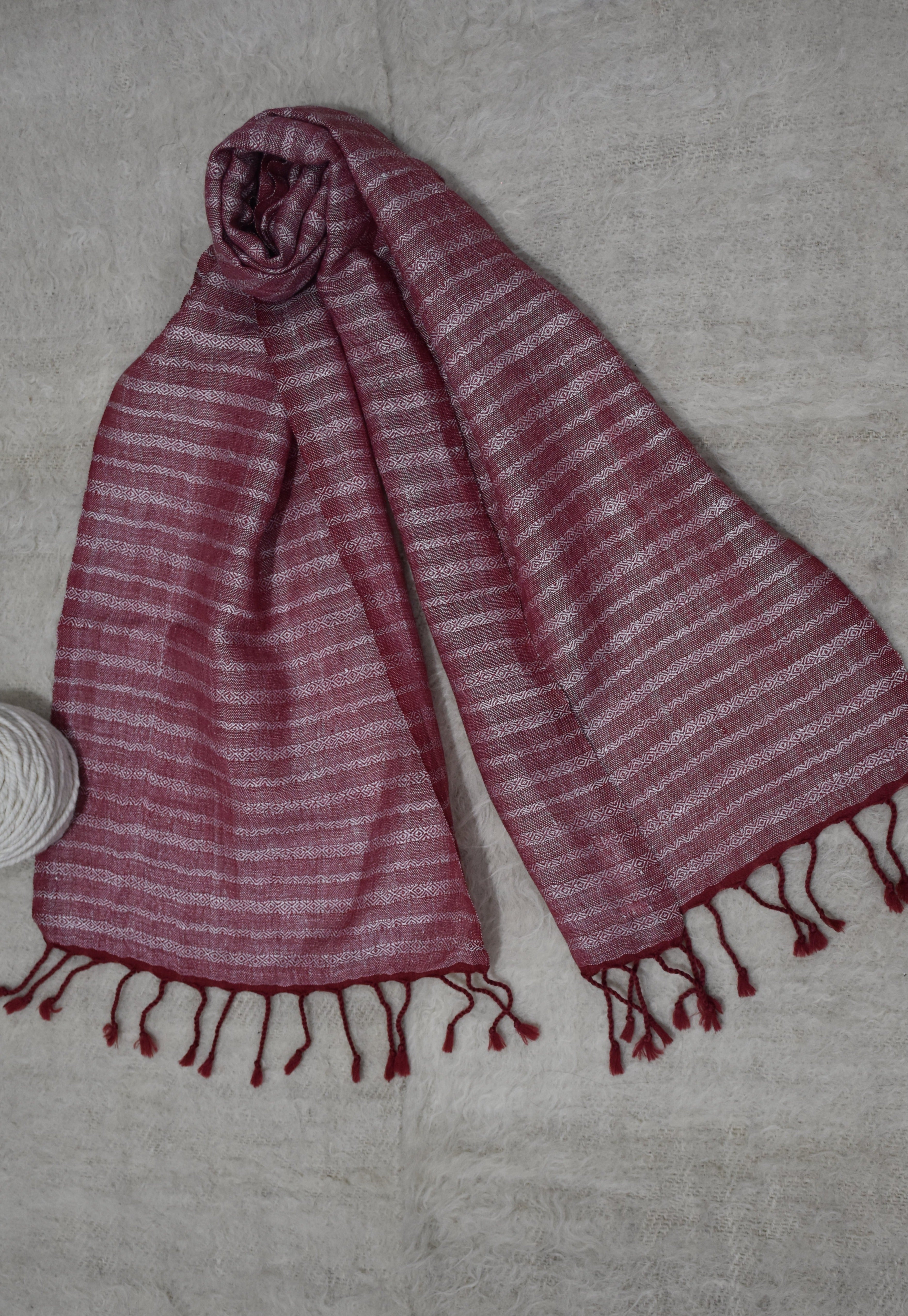 Crimson stripes Linen & Merino Wool Scarf | Crimson with White Stripes