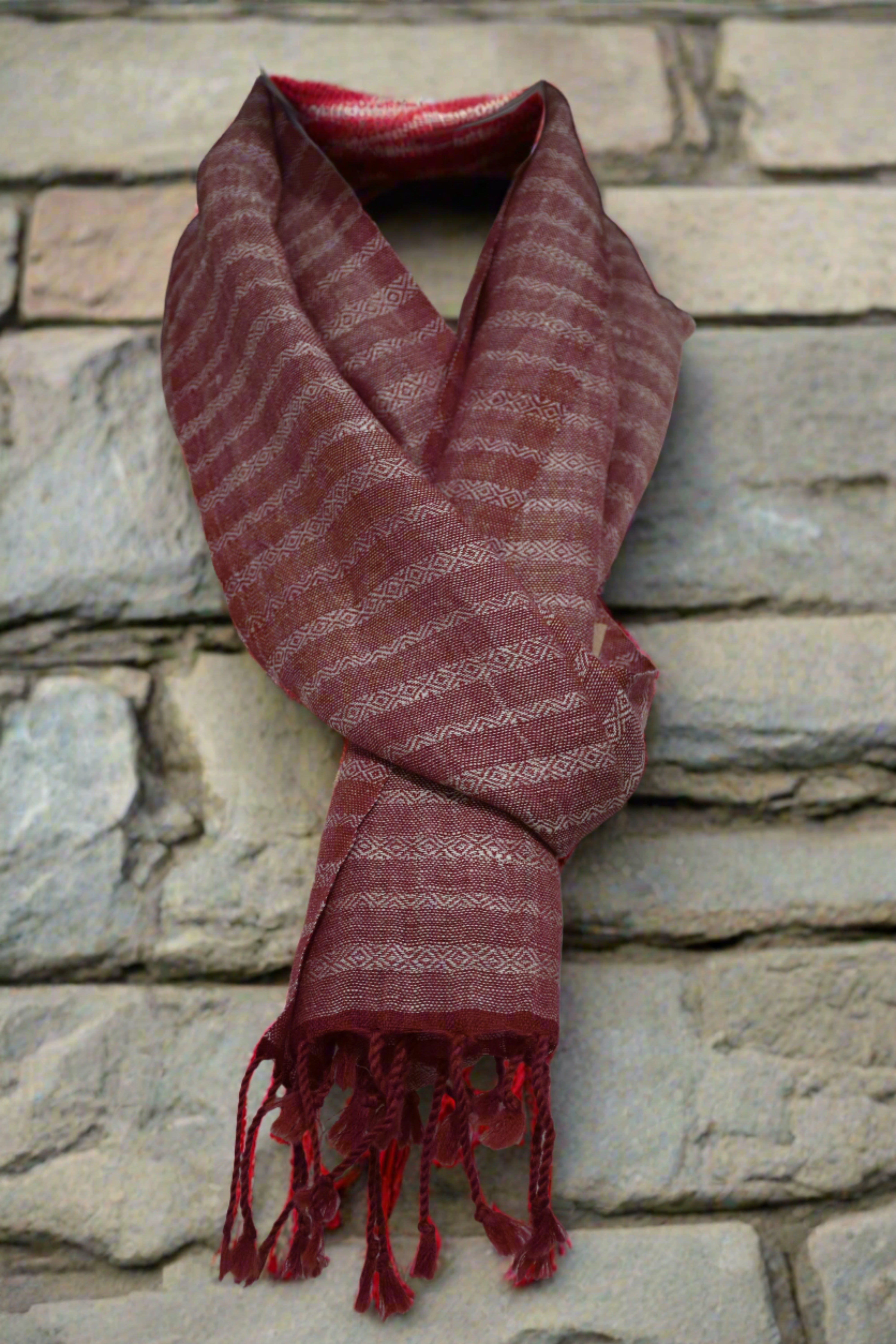 Crimson stripes Linen & Merino Wool Scarf | Crimson with White Stripes