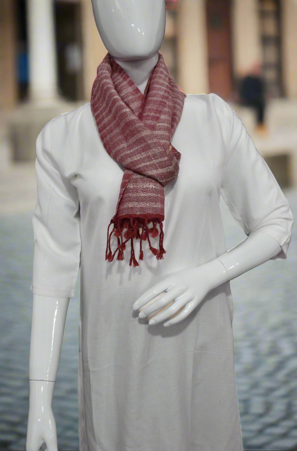 Linen Wool Scarf | Crimson with White Stripes