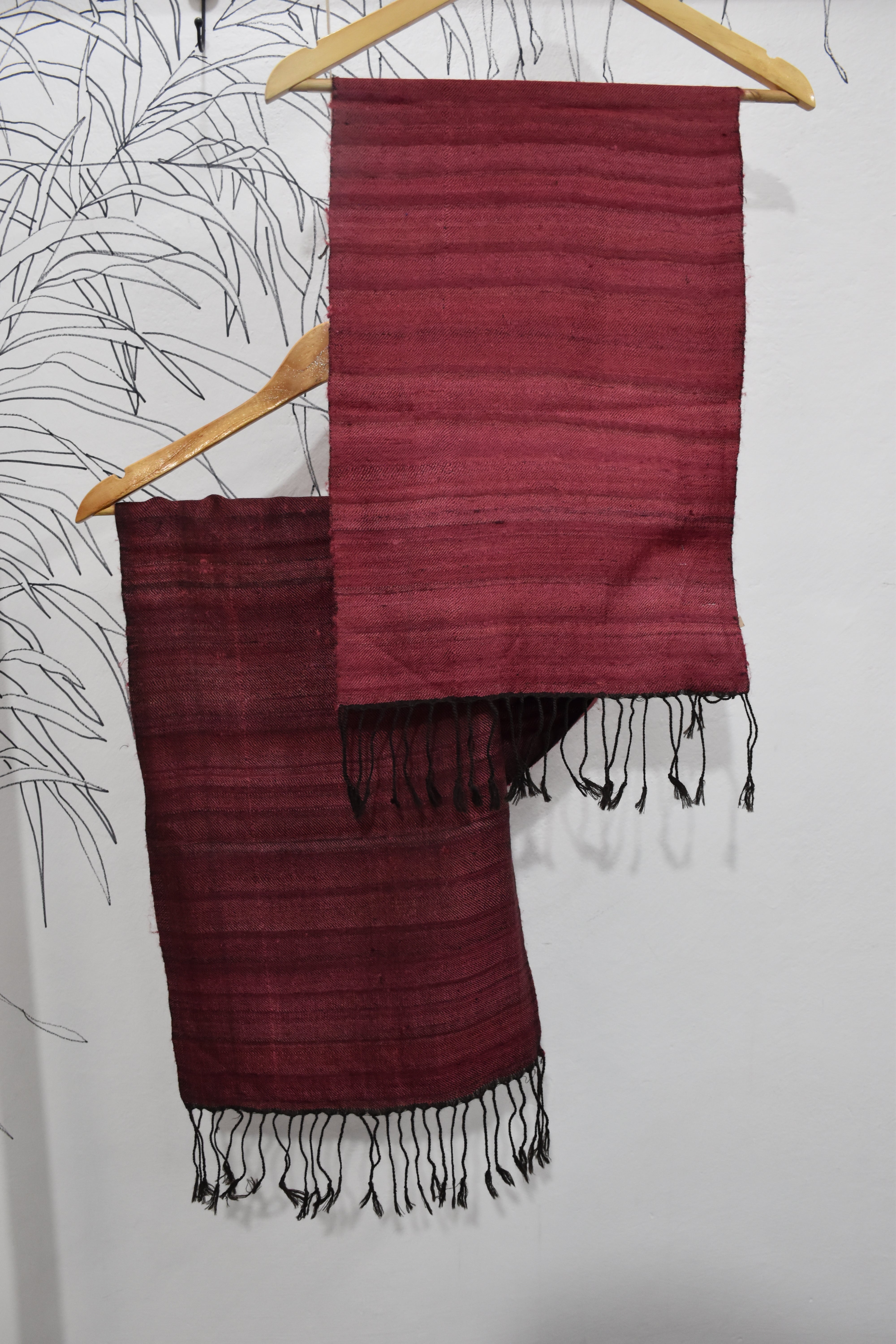 Reversible Tussar Silk & Merino Wool Scarf | Magenta with Black Fringes