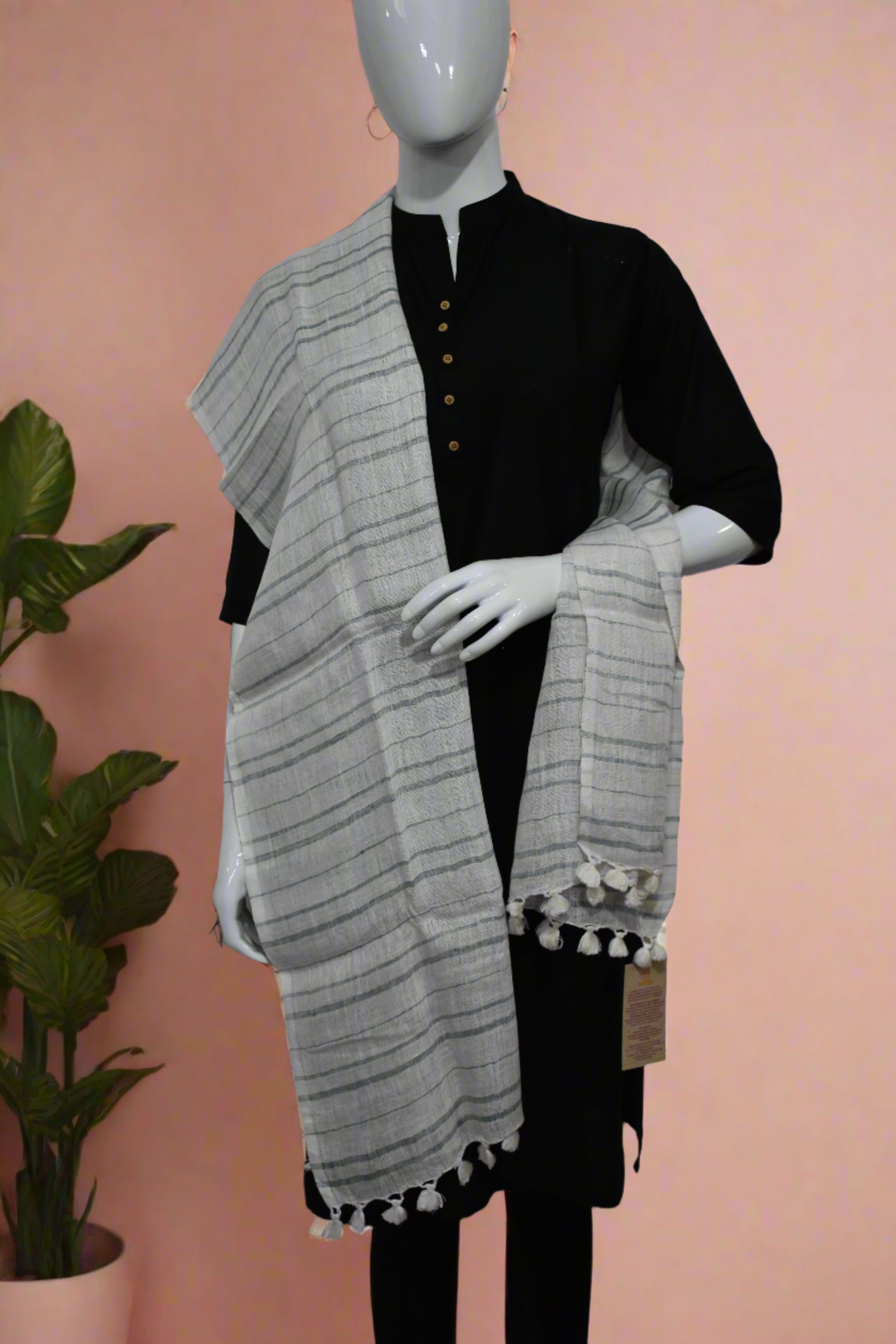 Straited Linen Stole | Icy white with Indigo stripes