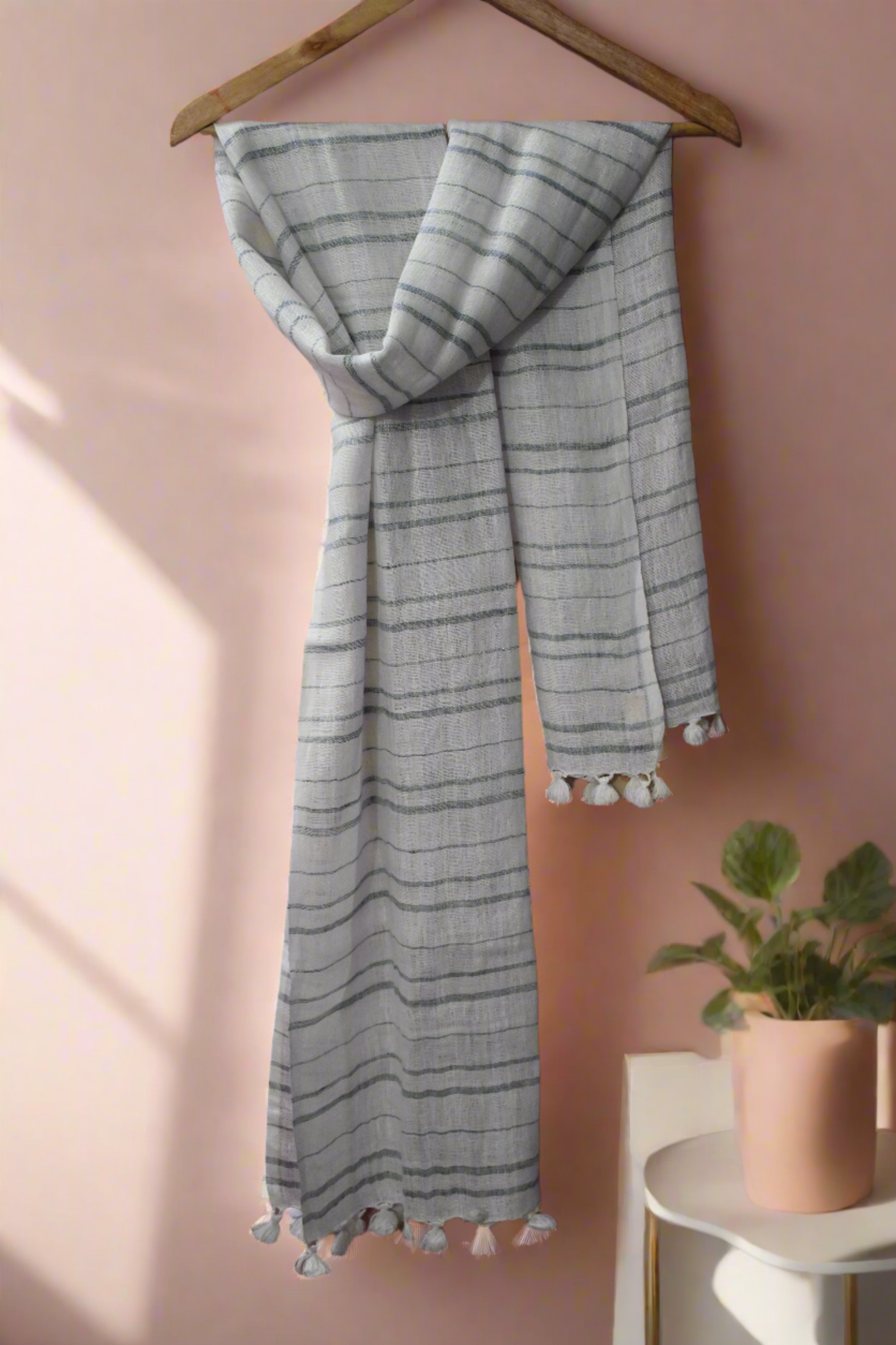 Straited Linen Stole | Icy white with Indigo stripes