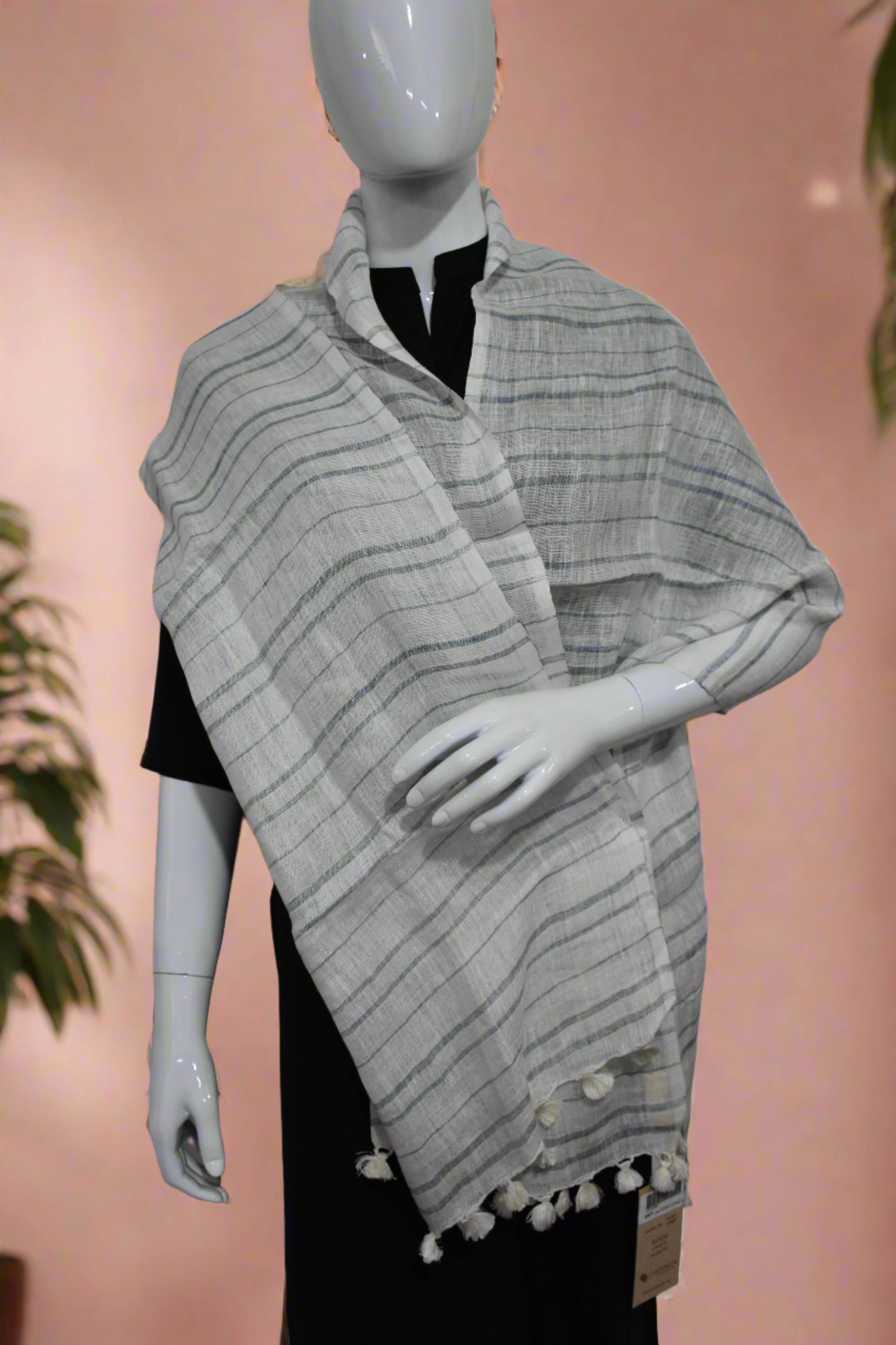 Straited Linen Stole | Icy white with Indigo stripes