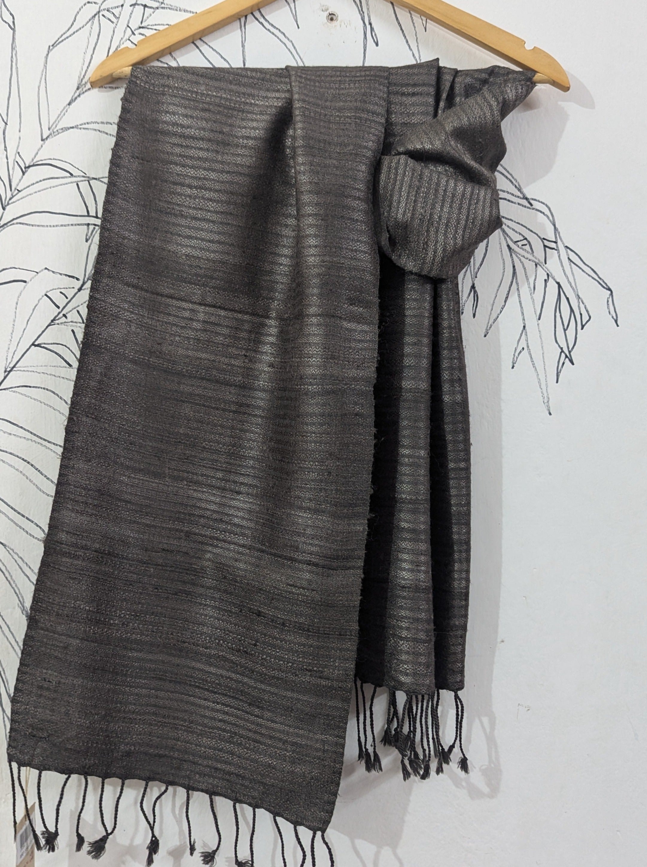 Straited Tusser Silk & Merino Wool Scarf | Charcoal Grey