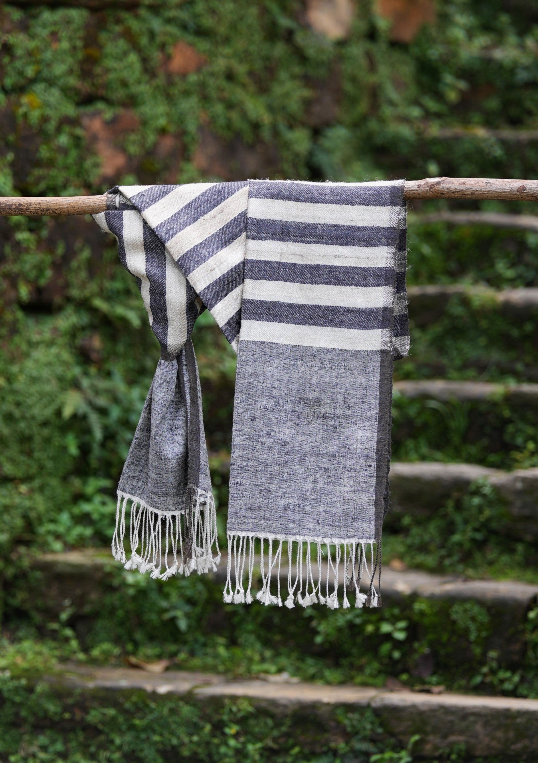 Chic Tussar Silk & Merino Wool Stole | Grey and White stripes