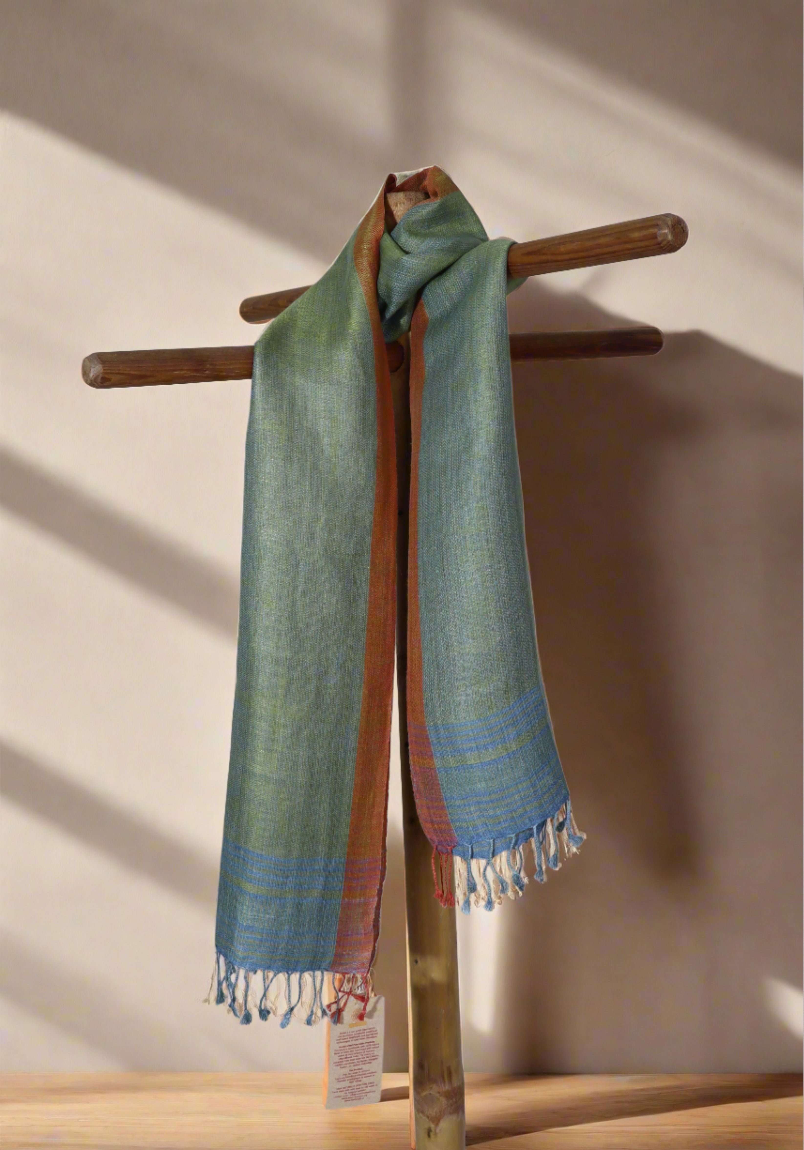 Stripes of Spring Linen & Eri Silk Stole | Pastel Green with Indigo Stripes