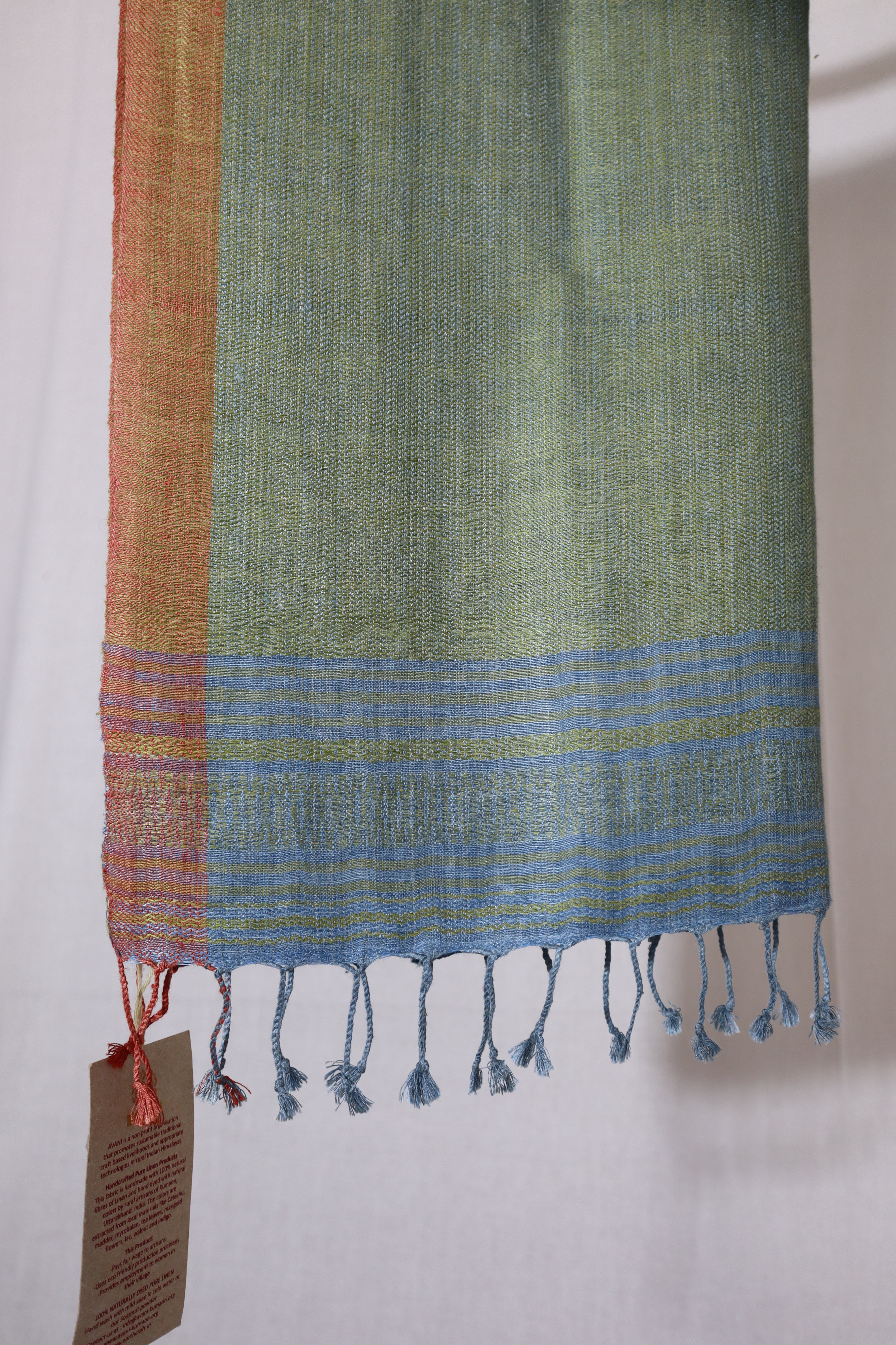 Stripes of Spring Linen & Eri Silk Stole | Pastel Green with Indigo Stripes