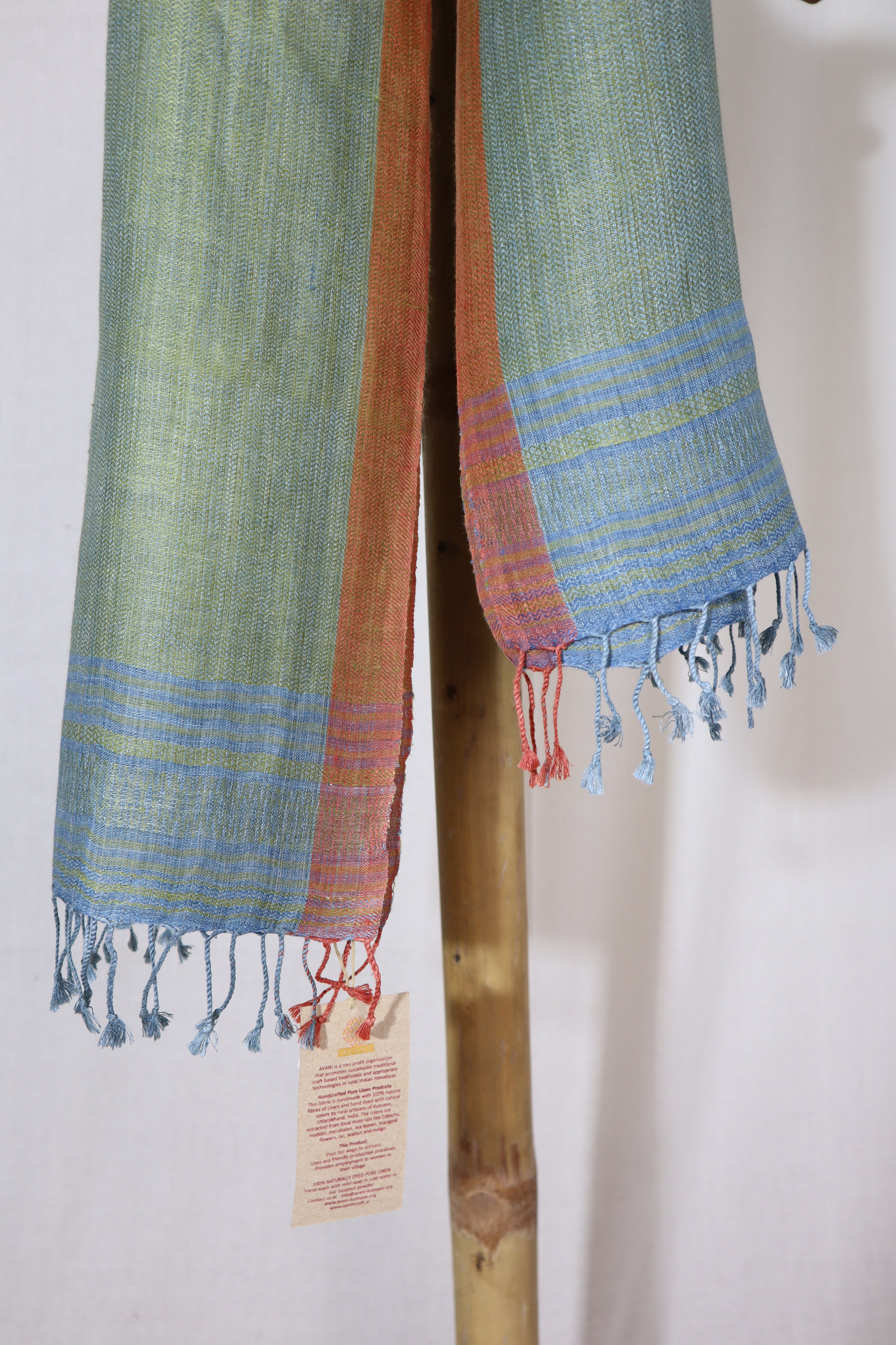 Stripes of Spring Linen & Eri Silk Stole | Pastel Green with Indigo Stripes