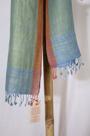 Linen Silk Stole | Pastel Green with Indigo Stripes