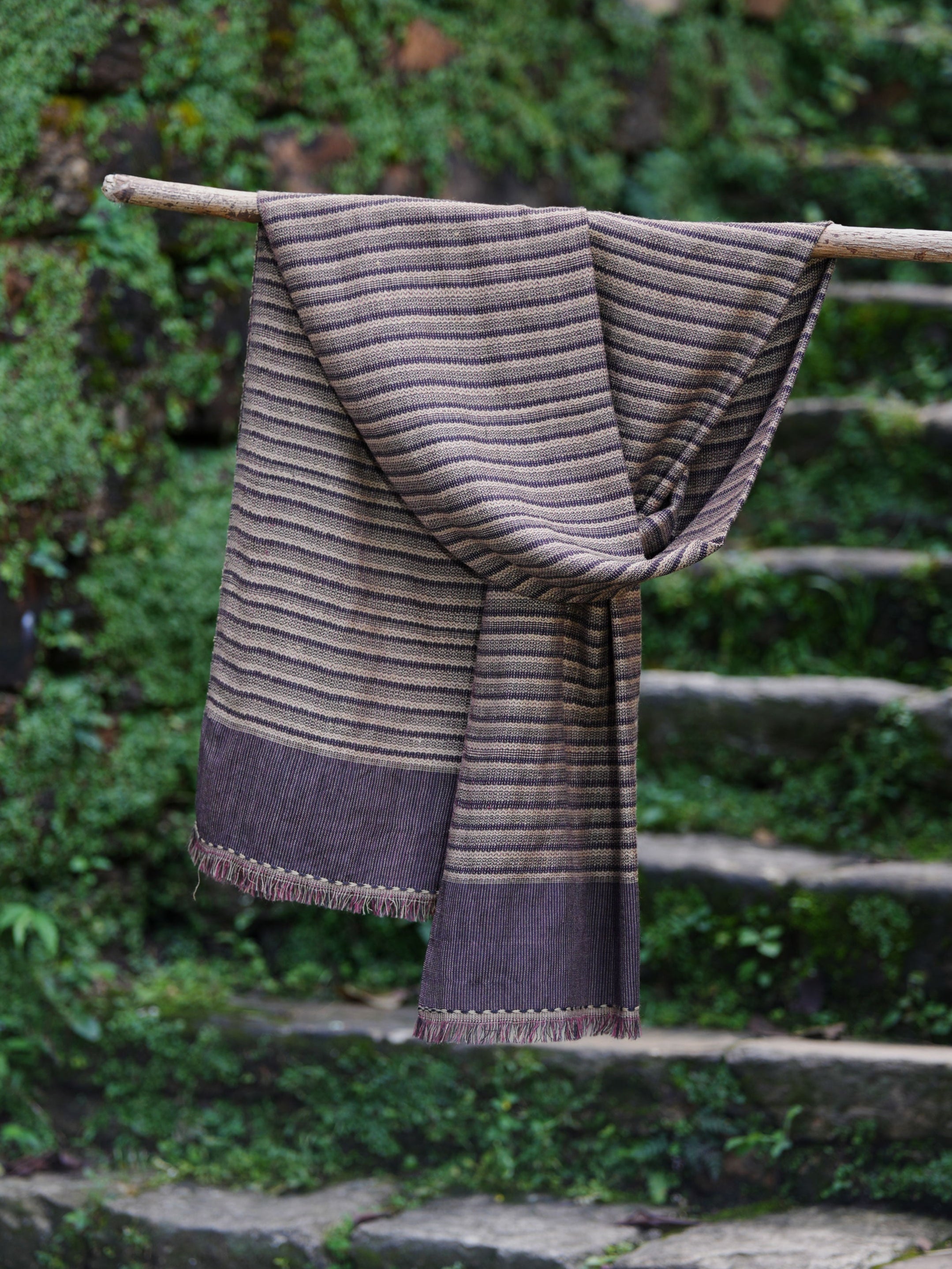 Pointed Twill Eri Silk & Merino Wool Stole | Coffee And Beige Stripes