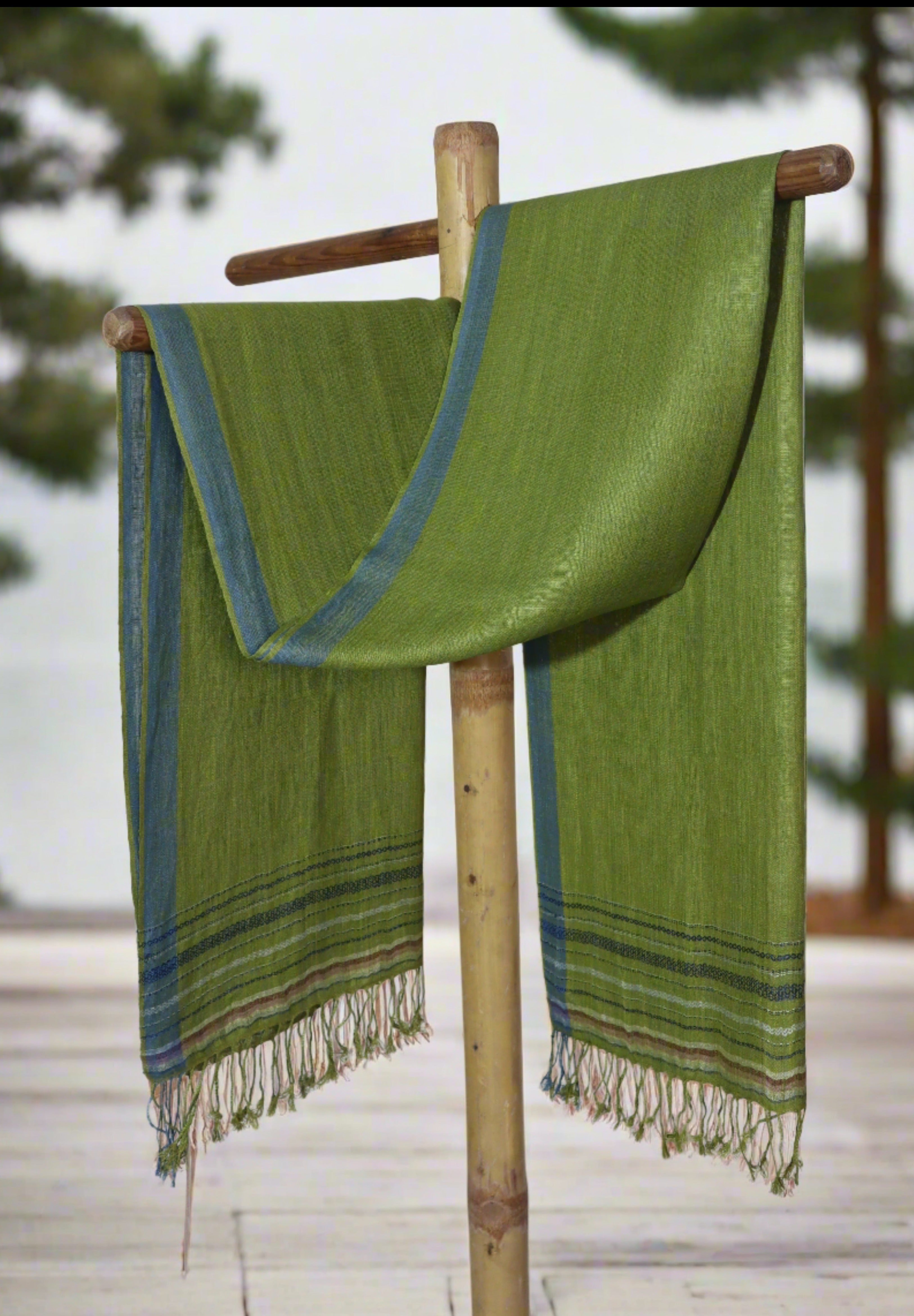 Pointed Twill Linen & Eri Silk Stole | Olive Green with Indigo Border