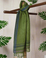 Linen Silk Stole | Olive Green with Indigo Border