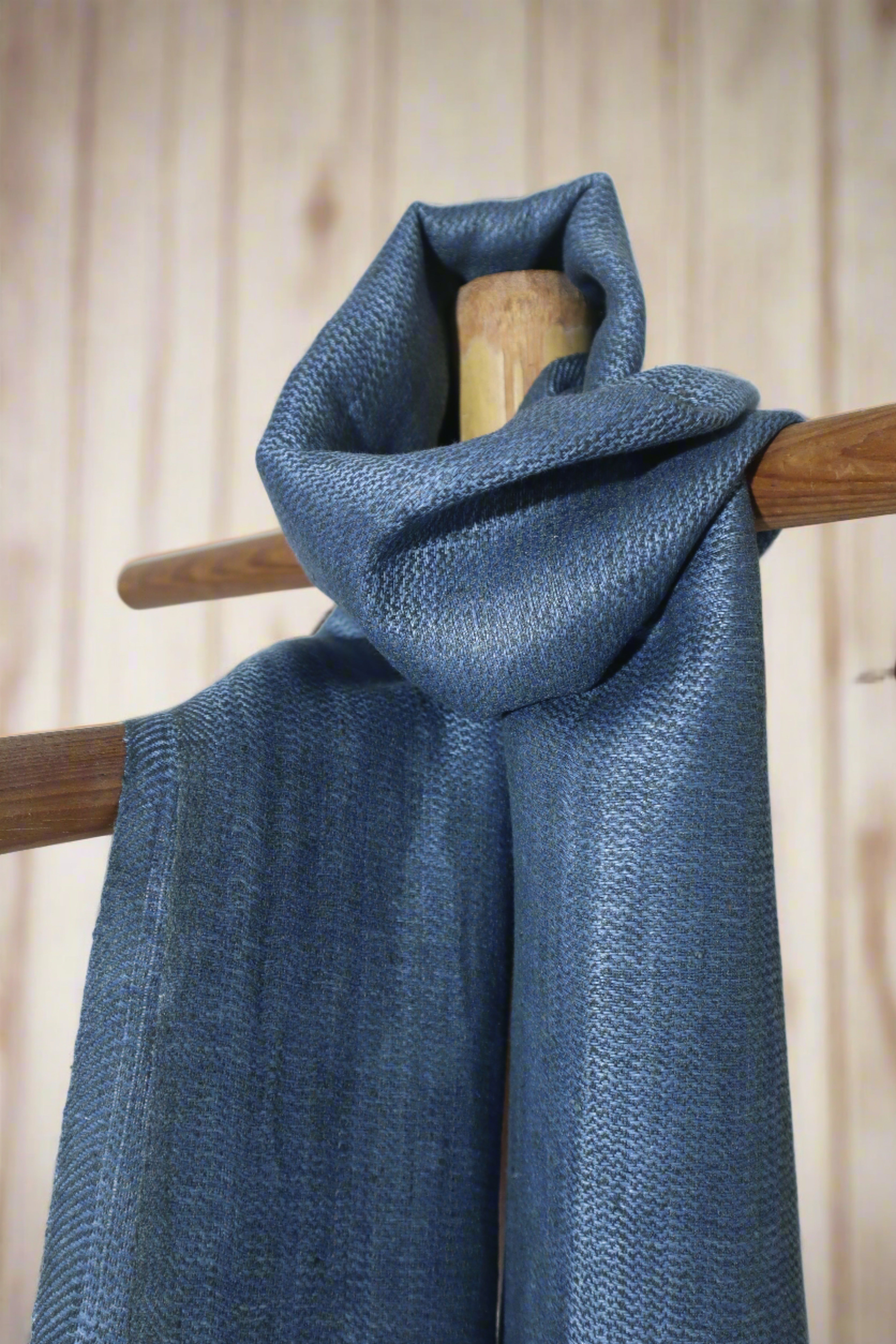 Twill weave Linen Silk Stole | Indigo Blue with Grey Border