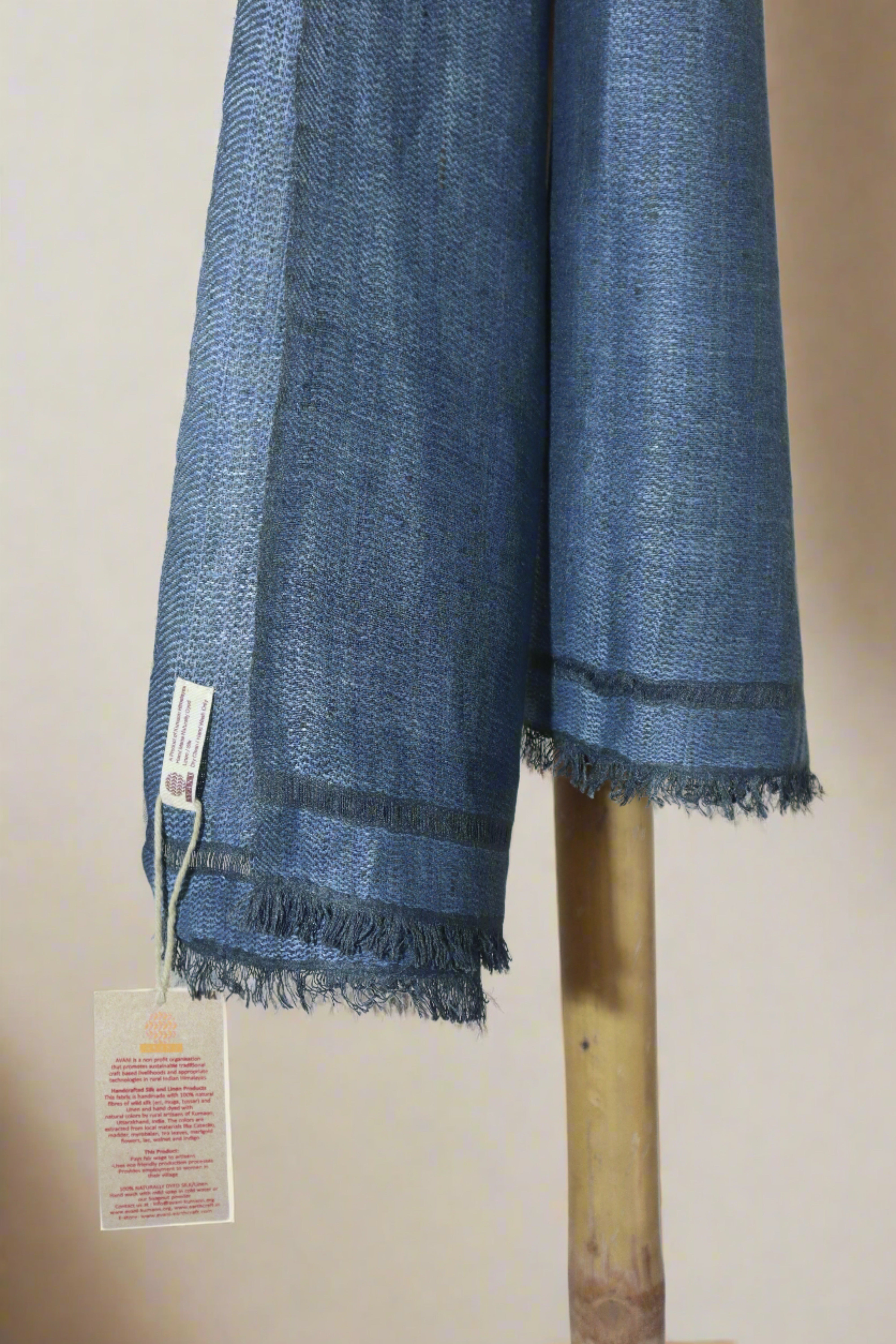 Twill weave Linen Silk Stole | Indigo Blue with Grey Border