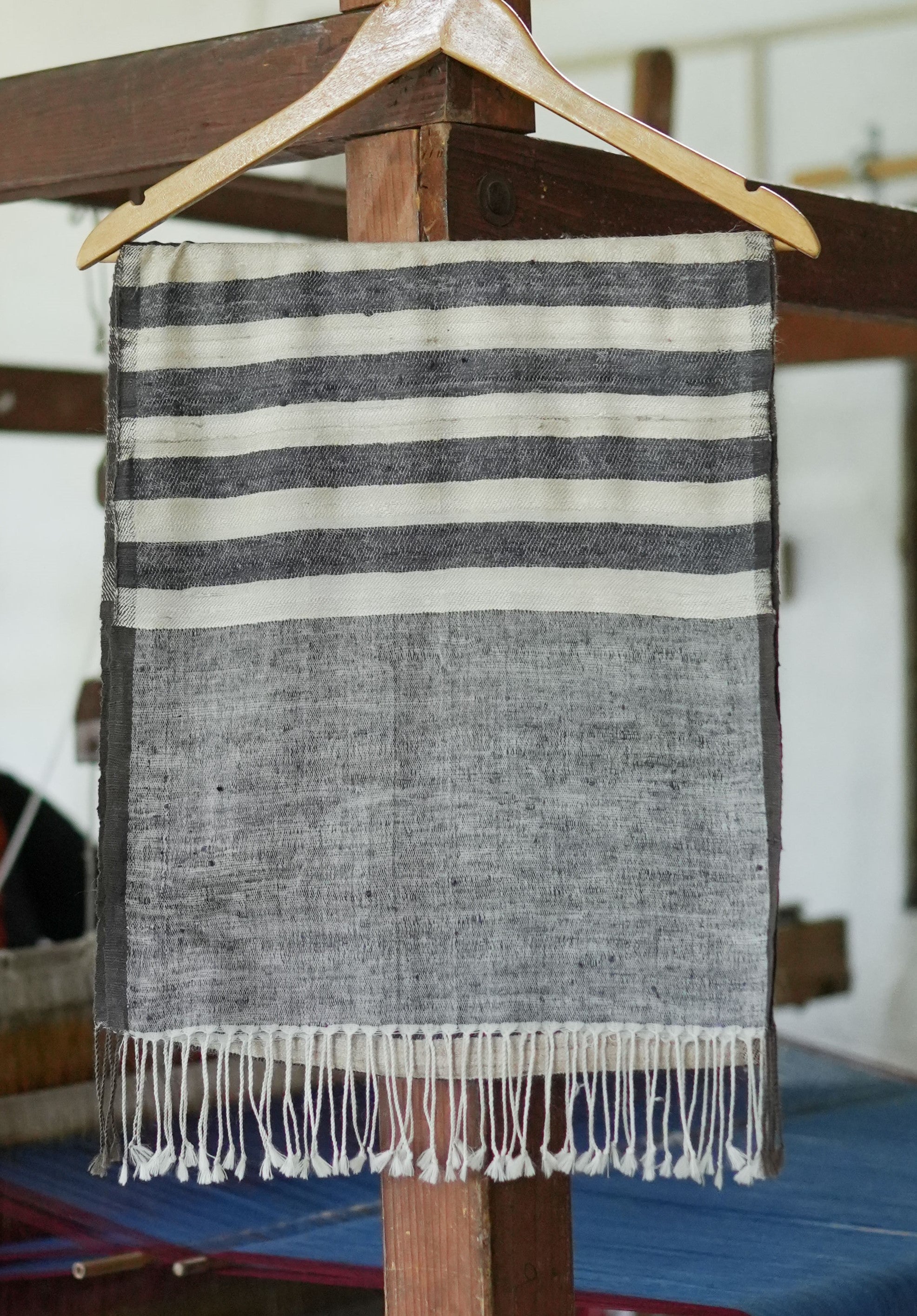 Chic Tussar Silk & Merino Wool Stole | Grey and White stripes