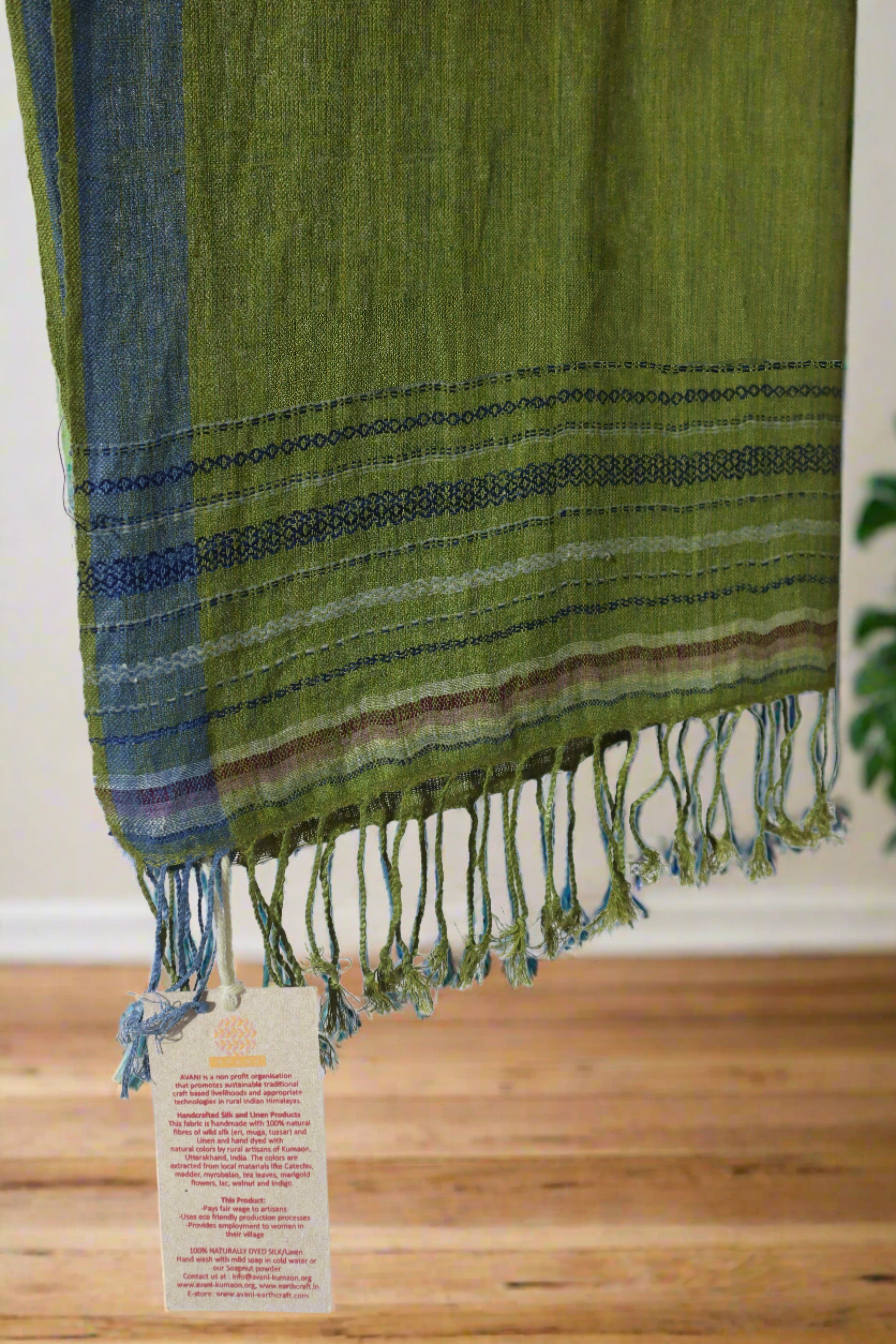 Linen Silk Stole | Olive Green with Indigo Border