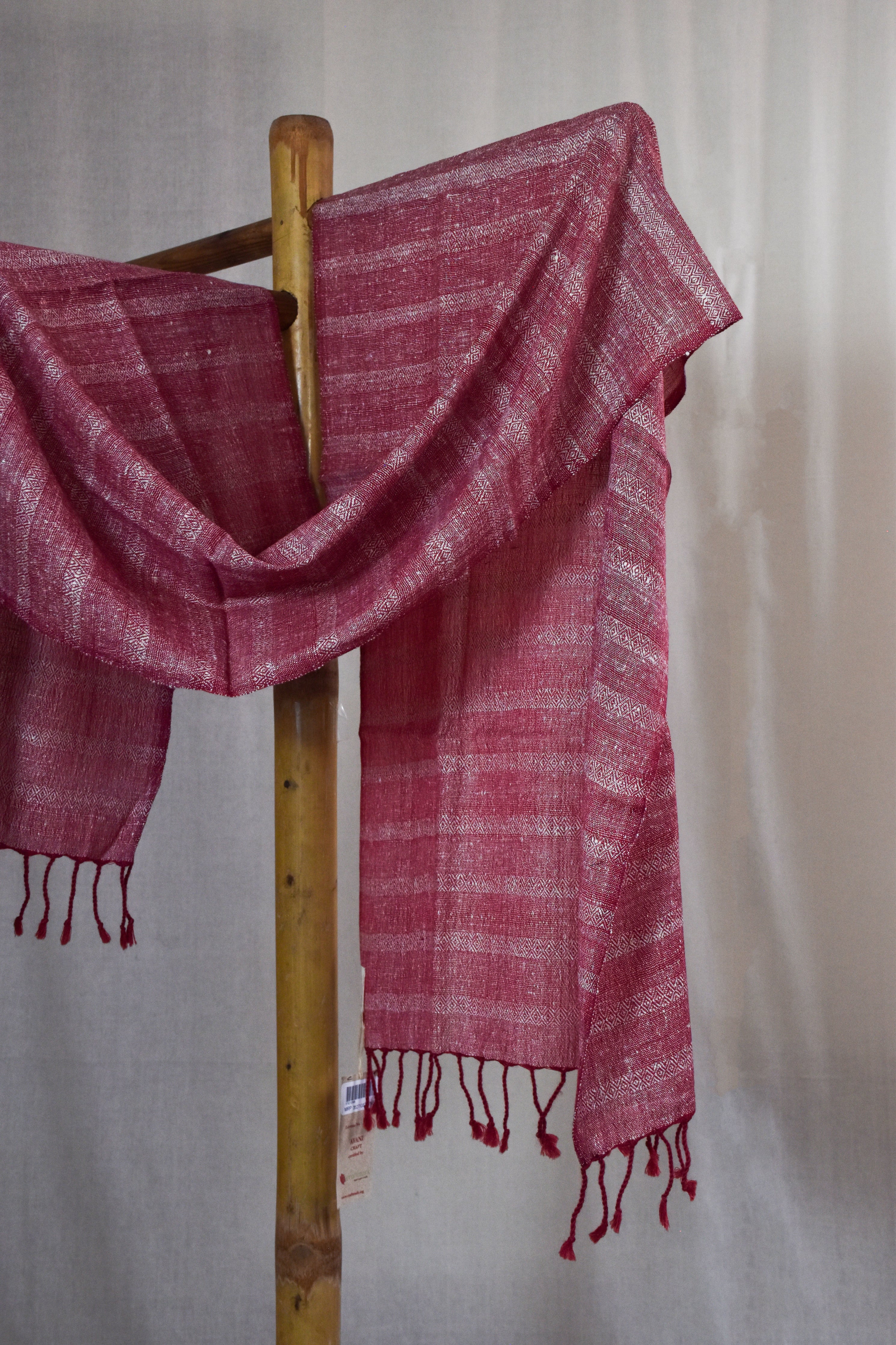 Diamond twill Eri Silk & Merino Wool Stole | Crimson & White stripes