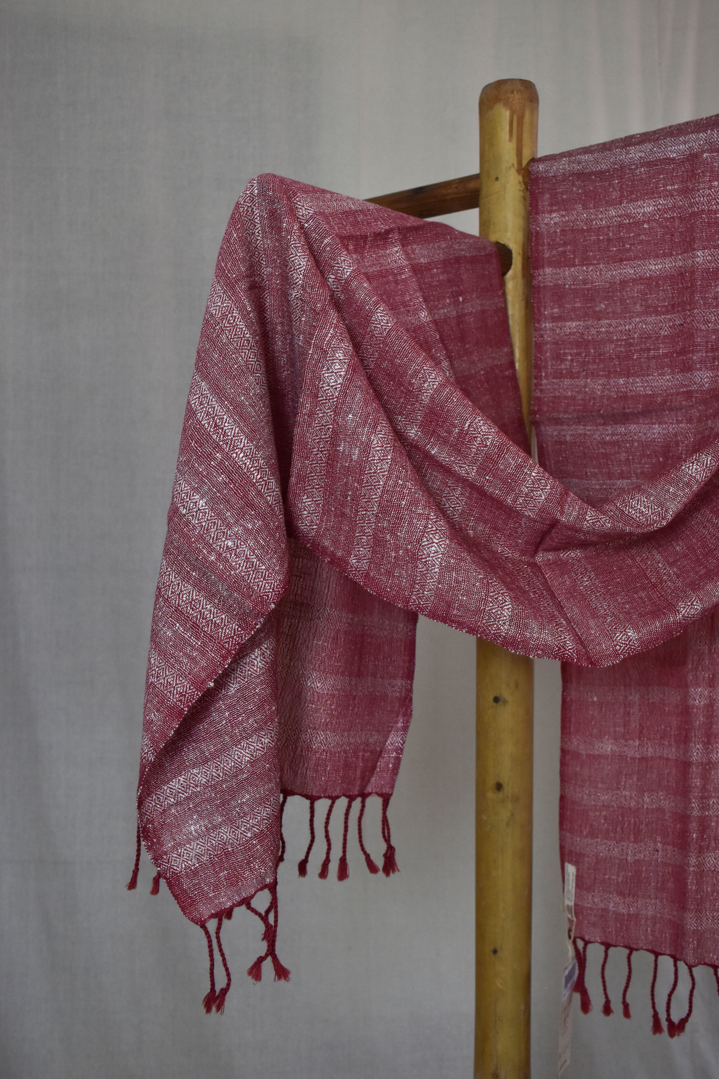 Diamond twill Eri Silk & Merino Wool Stole | Crimson & White stripes