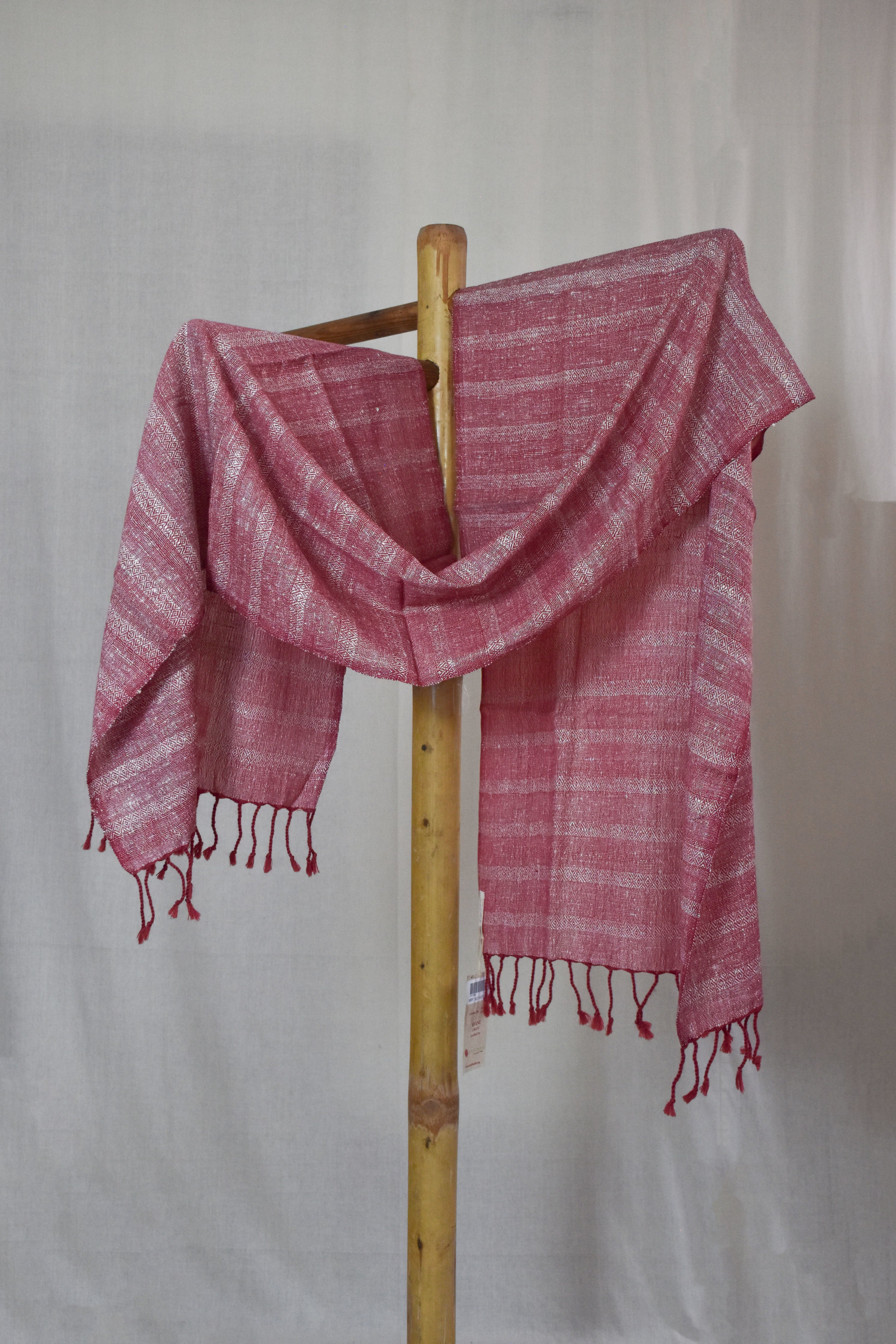 Diamond twill Eri Silk & Merino Wool Stole | Crimson & White stripes