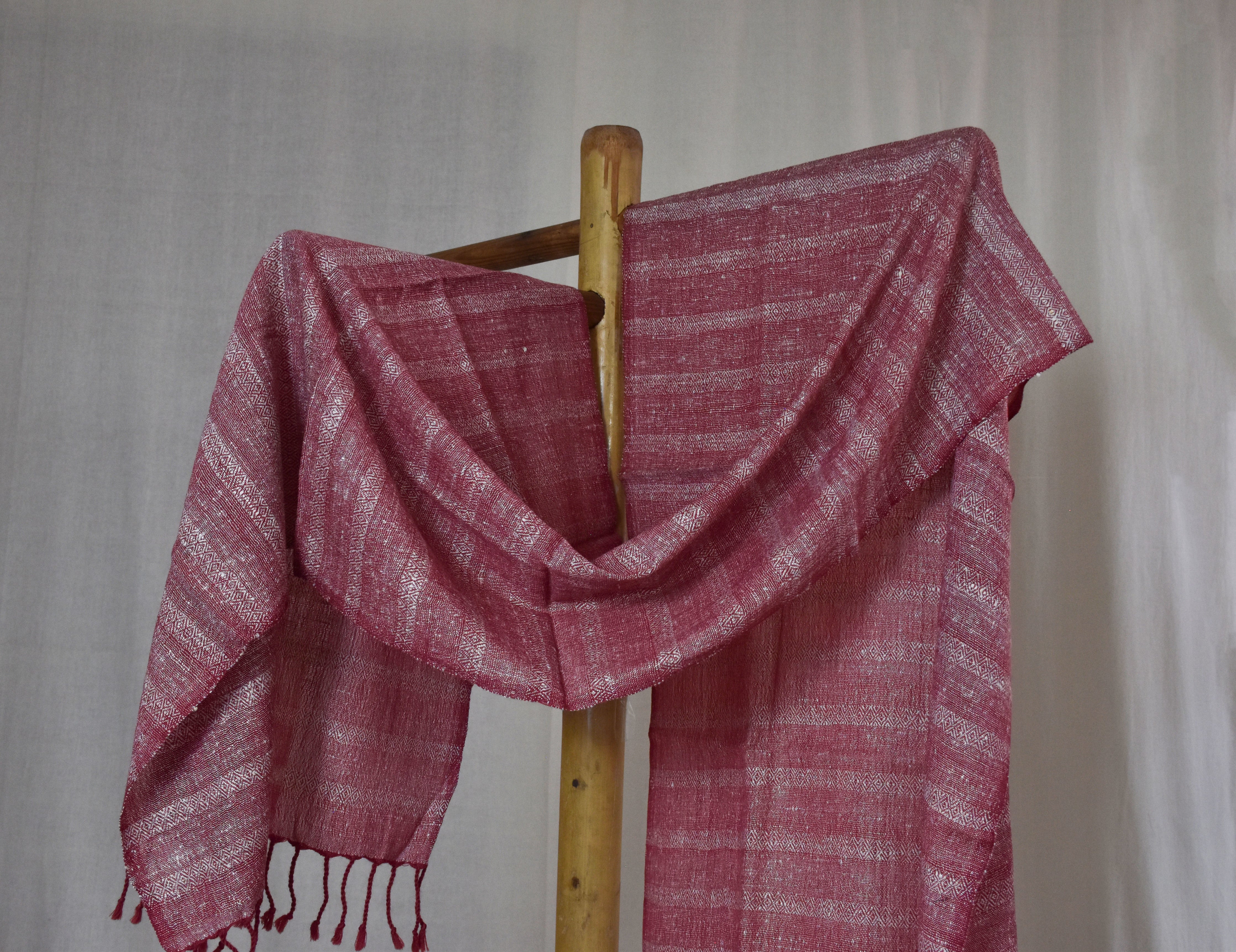 Diamond twill Eri Silk & Merino Wool Stole | Crimson & White stripes