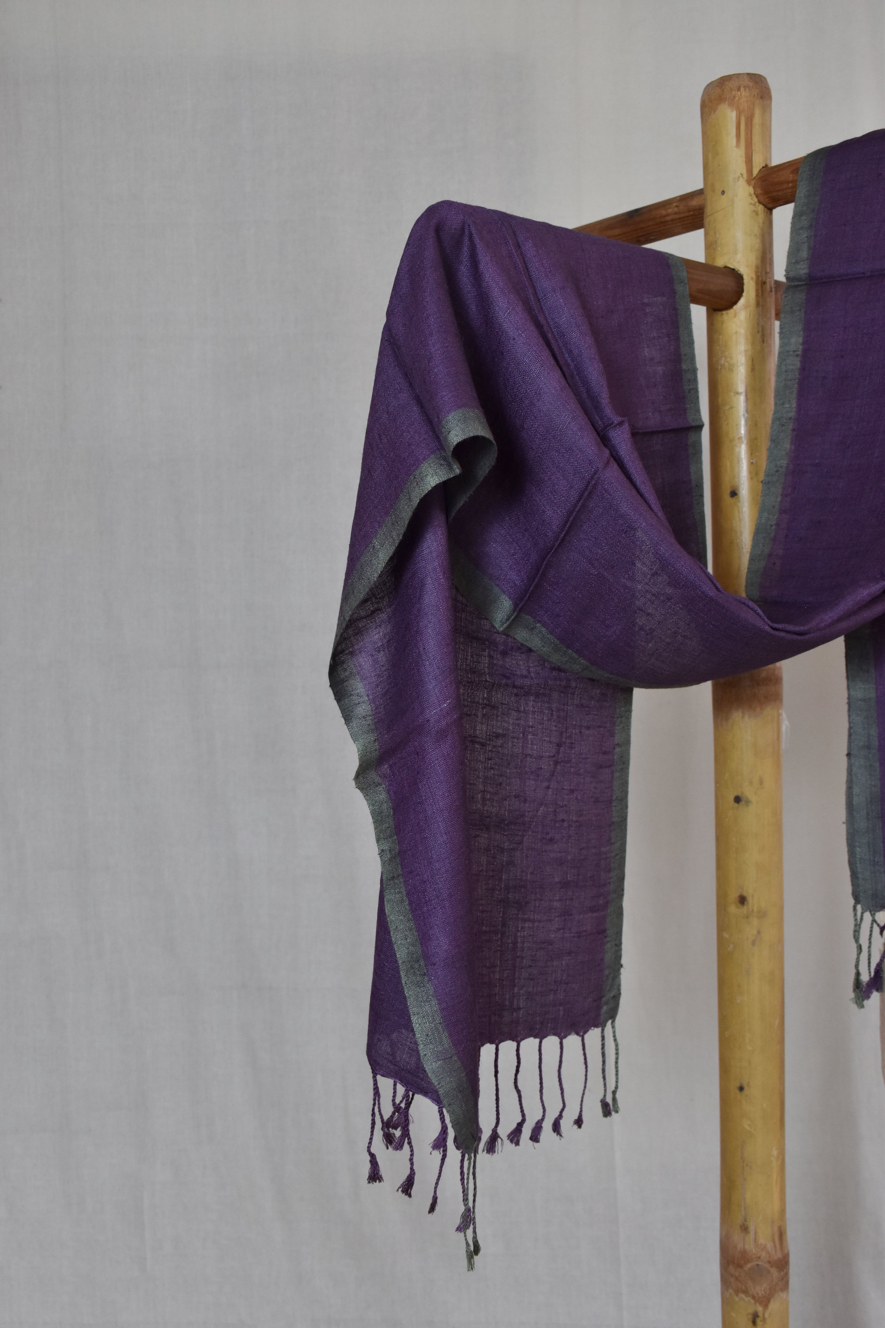 Pure Silk Stole | Aubergine Purple with Grey Border