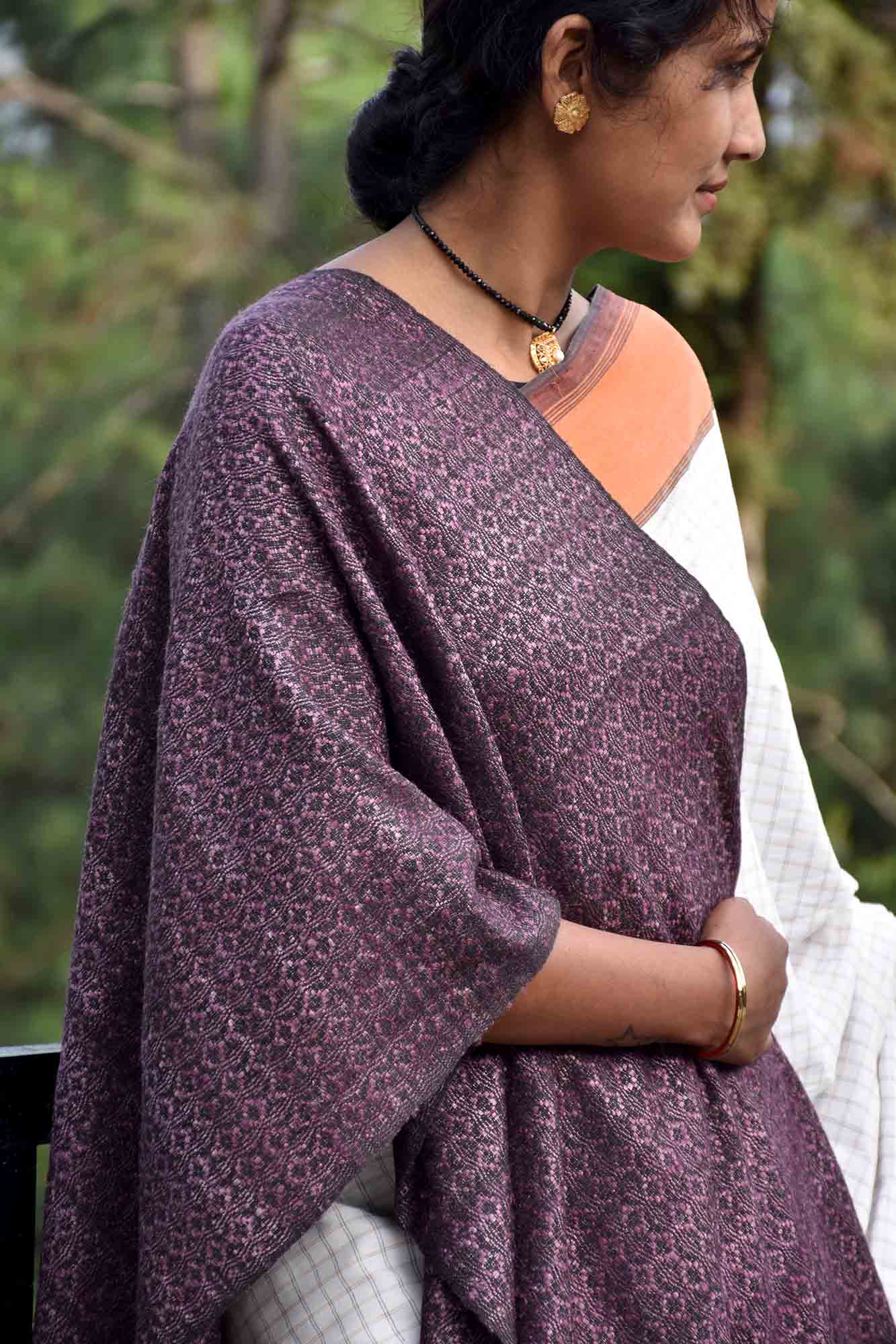 Almora Pattern Tussar Silk & Merino Wool Stole | Black and Purple