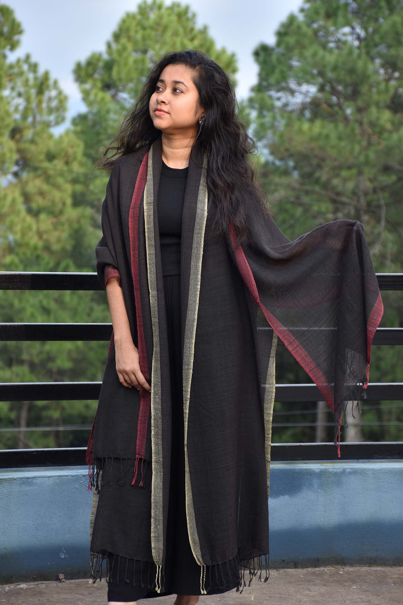 Four Way Merino wool Stole | Charcoal with a Red & Yellow Border