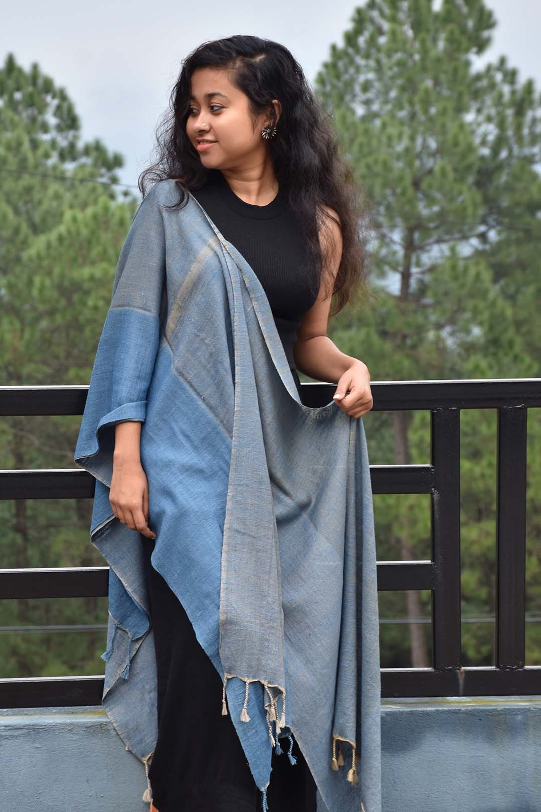 Blue Haze Four Way Eri Silk & Merino Wool Stole | Sky Blue & Grey