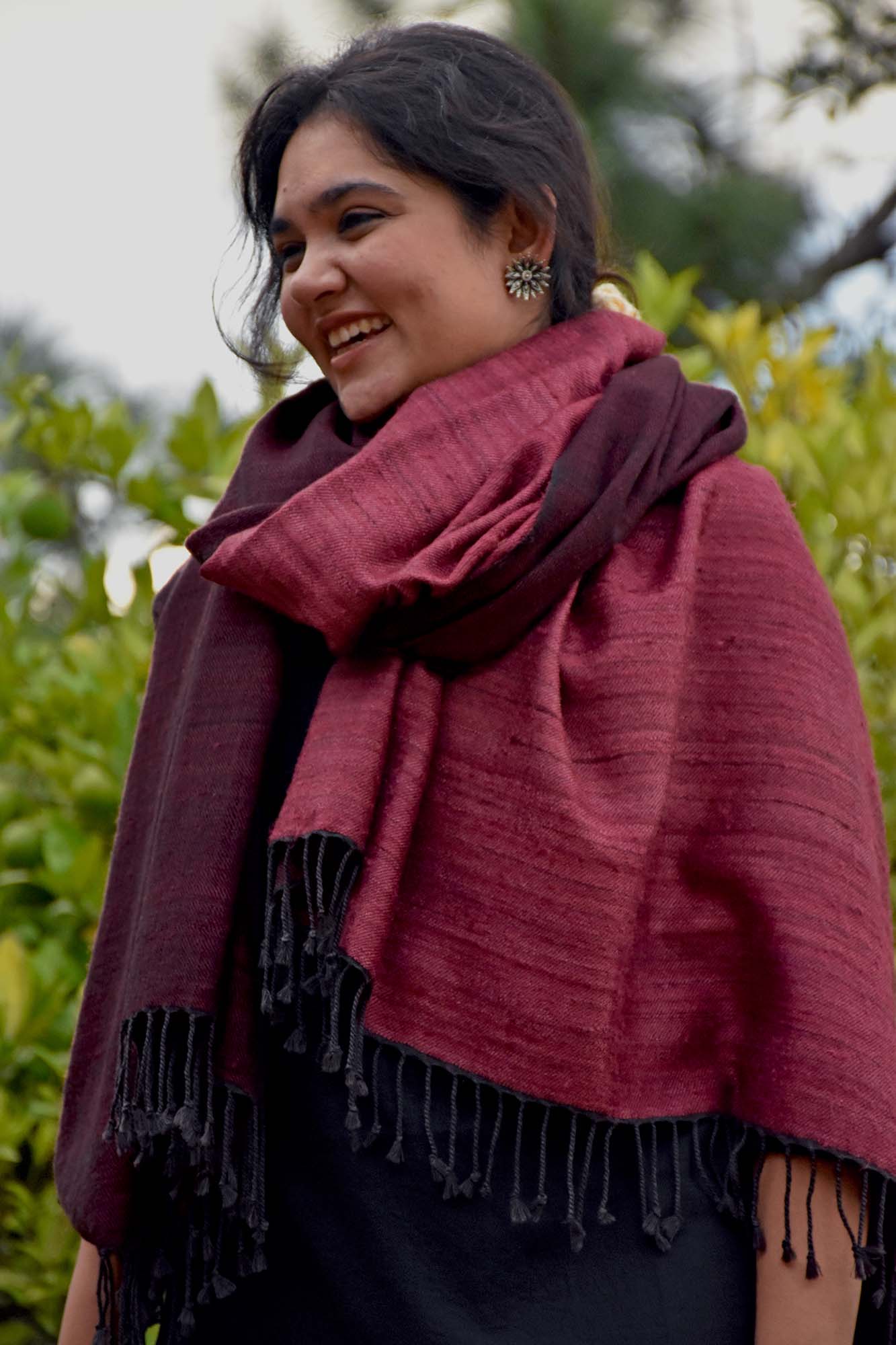 Reversible Tusser Silk & Merino Wool Shawl | Wine & Black