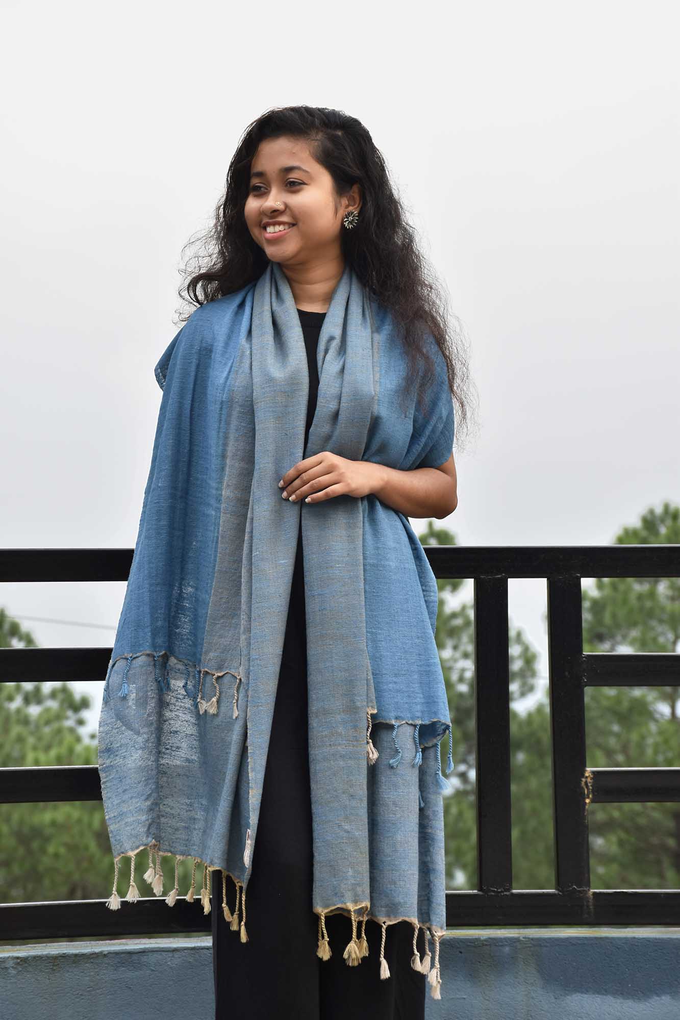 Blue Haze Four Way Eri Silk & Merino Wool Stole | Sky Blue & Grey