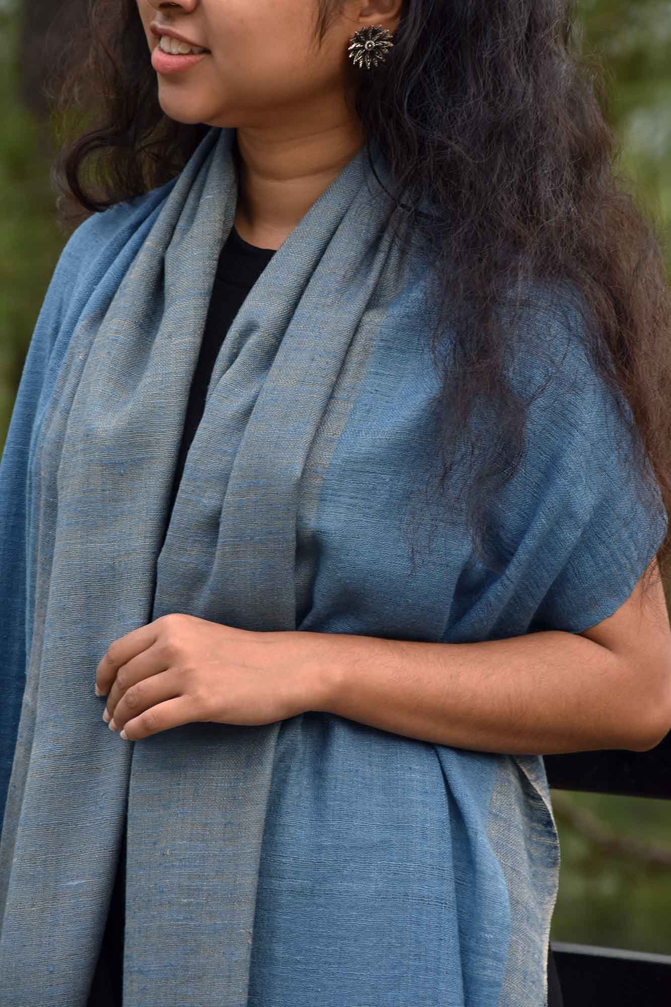 Blue Haze Four Way Eri Silk & Merino Wool Stole | Sky Blue & Grey