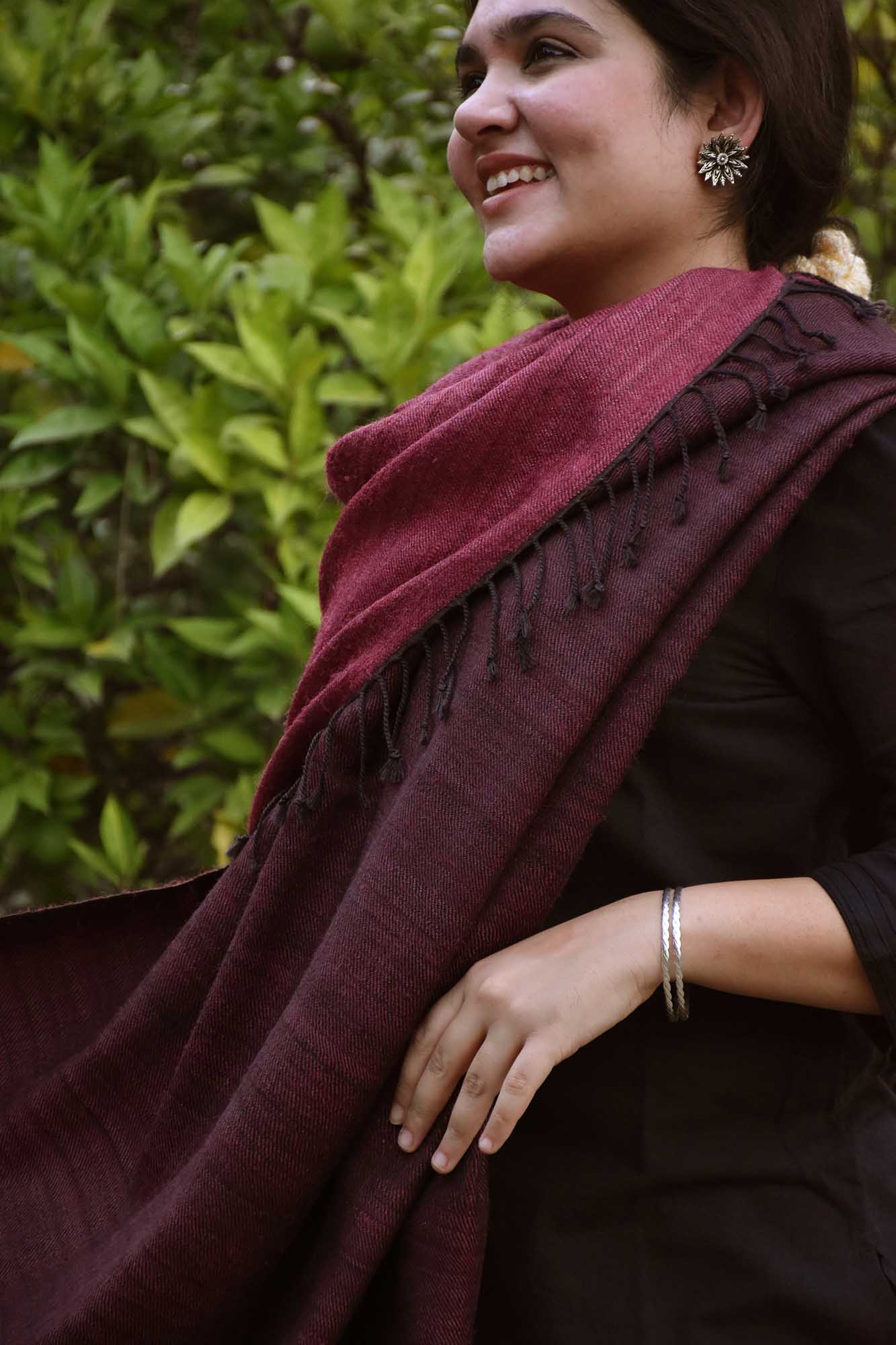 Reversible Tusser Silk & Merino Wool Shawl | Wine & Black