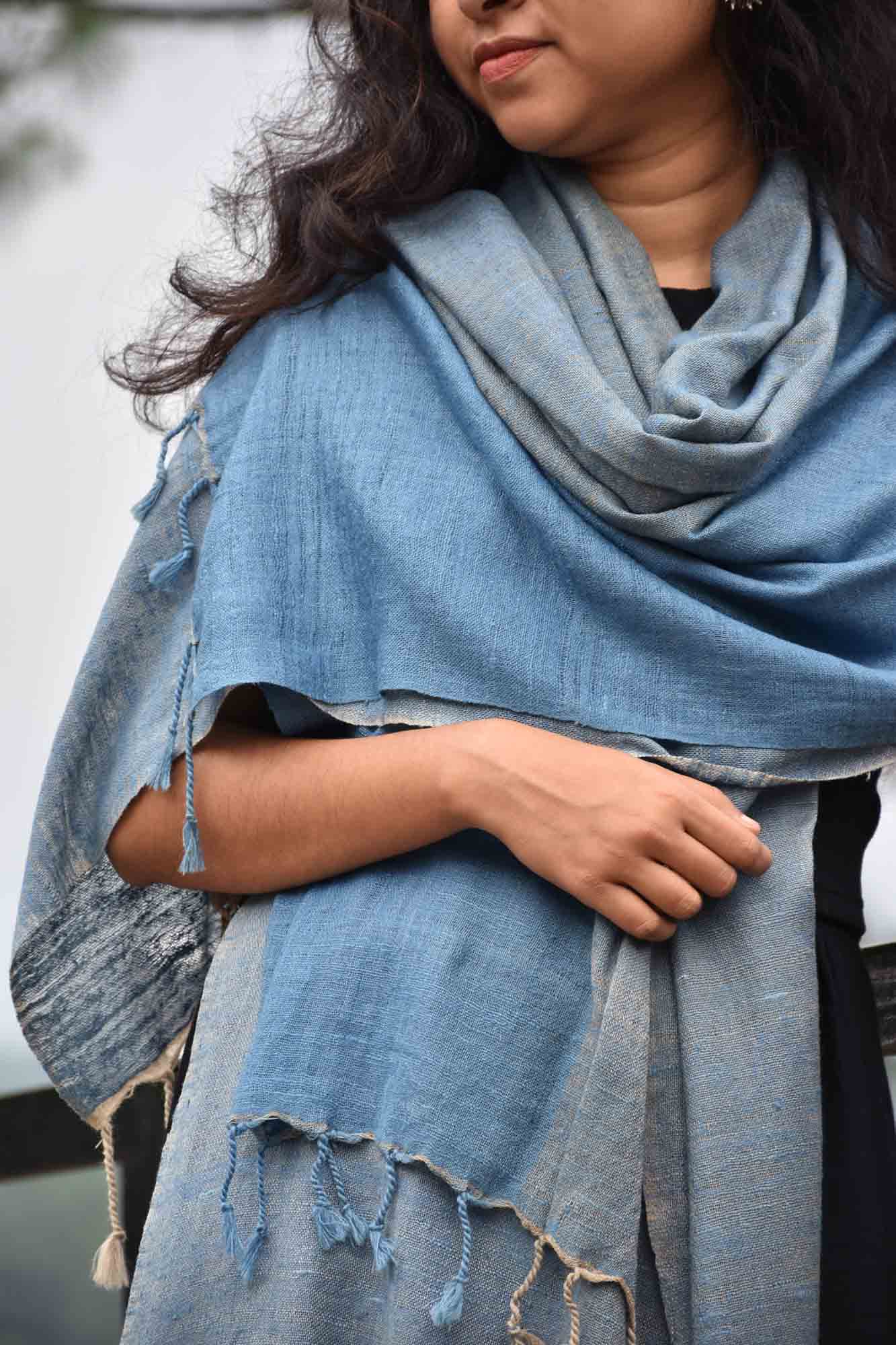 Blue Haze Four Way Eri Silk & Merino Wool Stole | Sky Blue & Grey