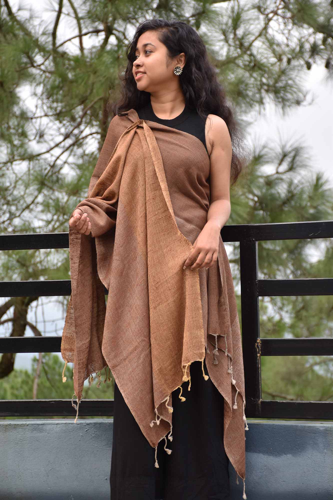 Two-toned Four Way Eri silk and Merino wool Stole | Caramel and Earthy Brown