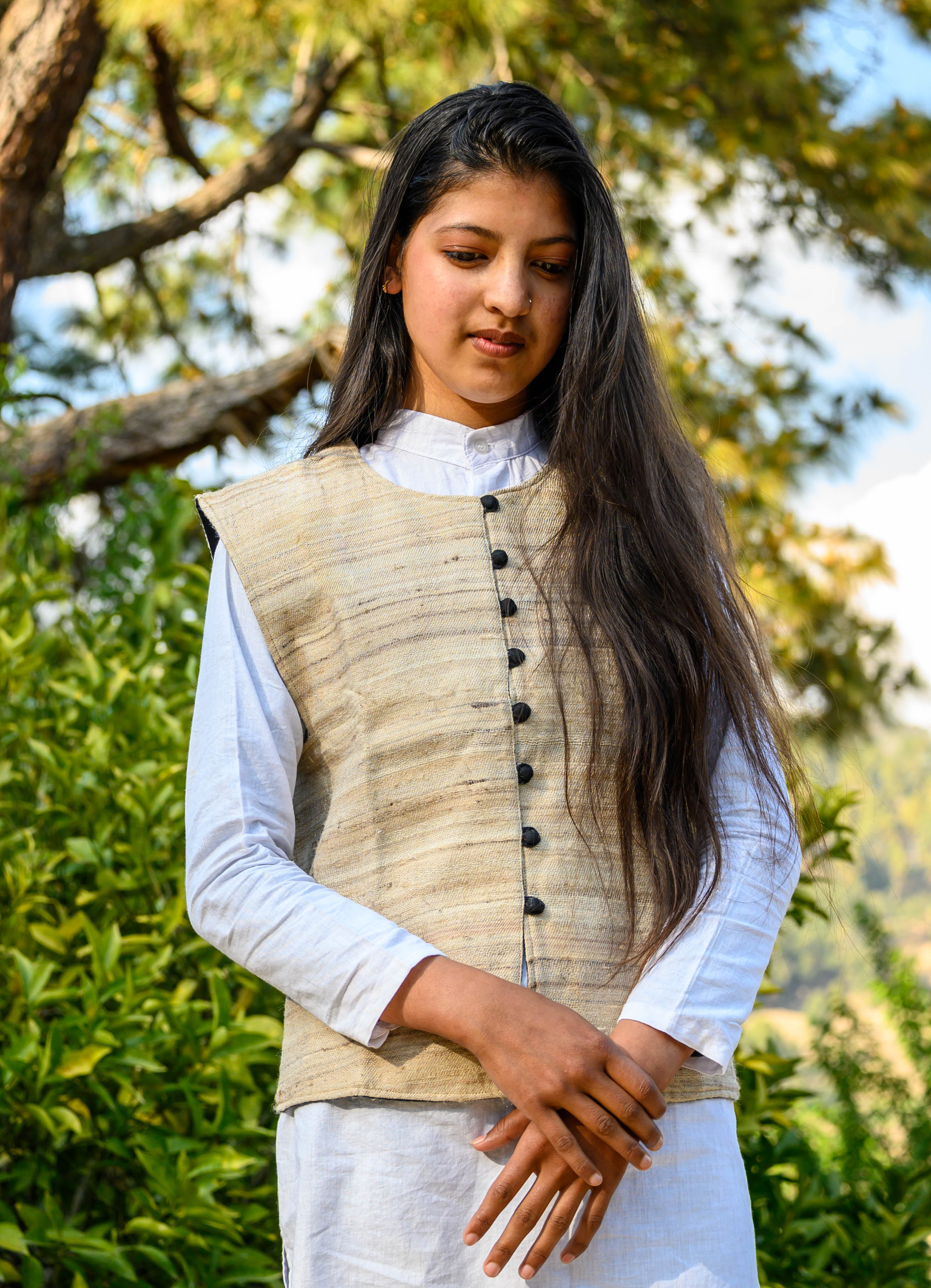 Beige Tussar Silk & Merino Wool Sleeveless Jacket