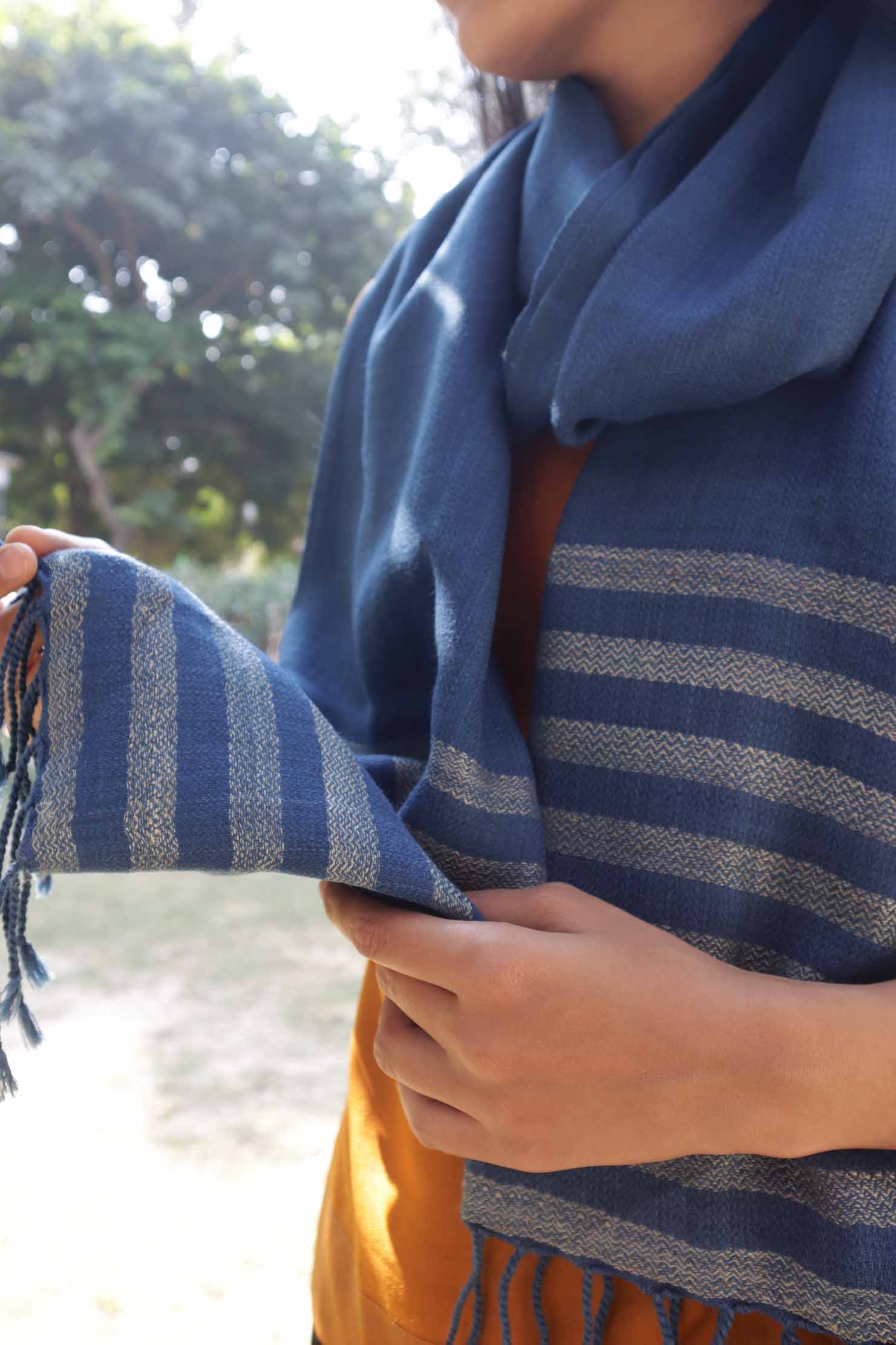 Merino Wool Stole| Indigo with Golden border