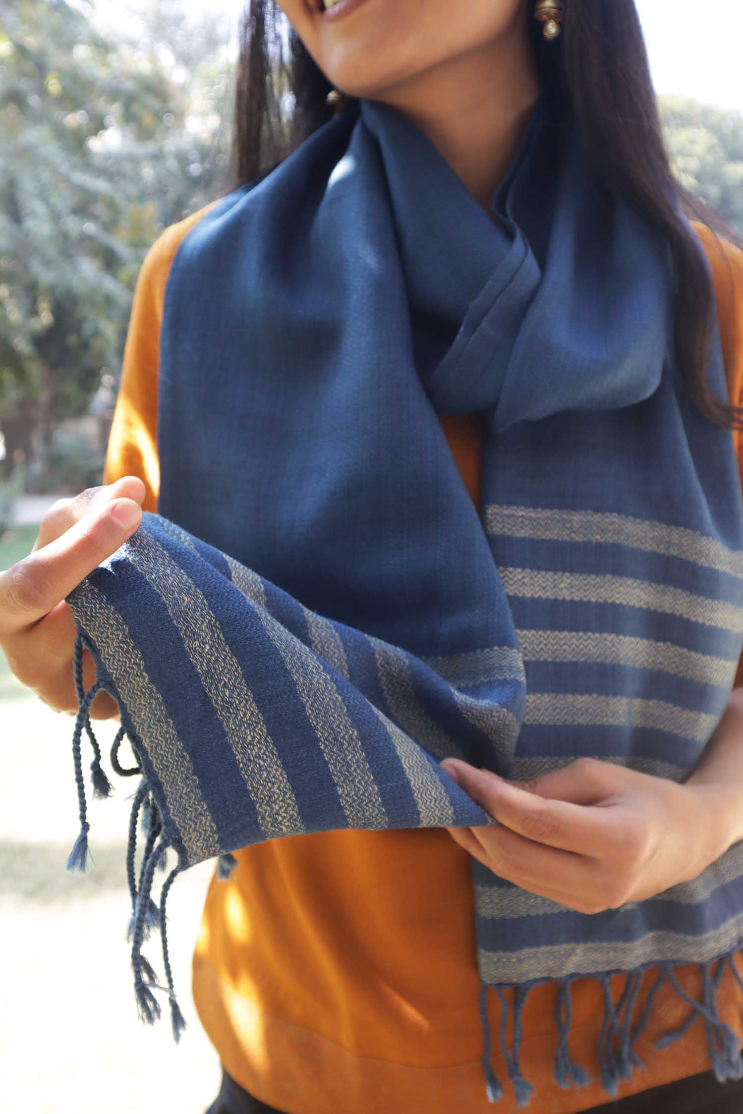 Merino Wool Stole| Indigo with Golden border