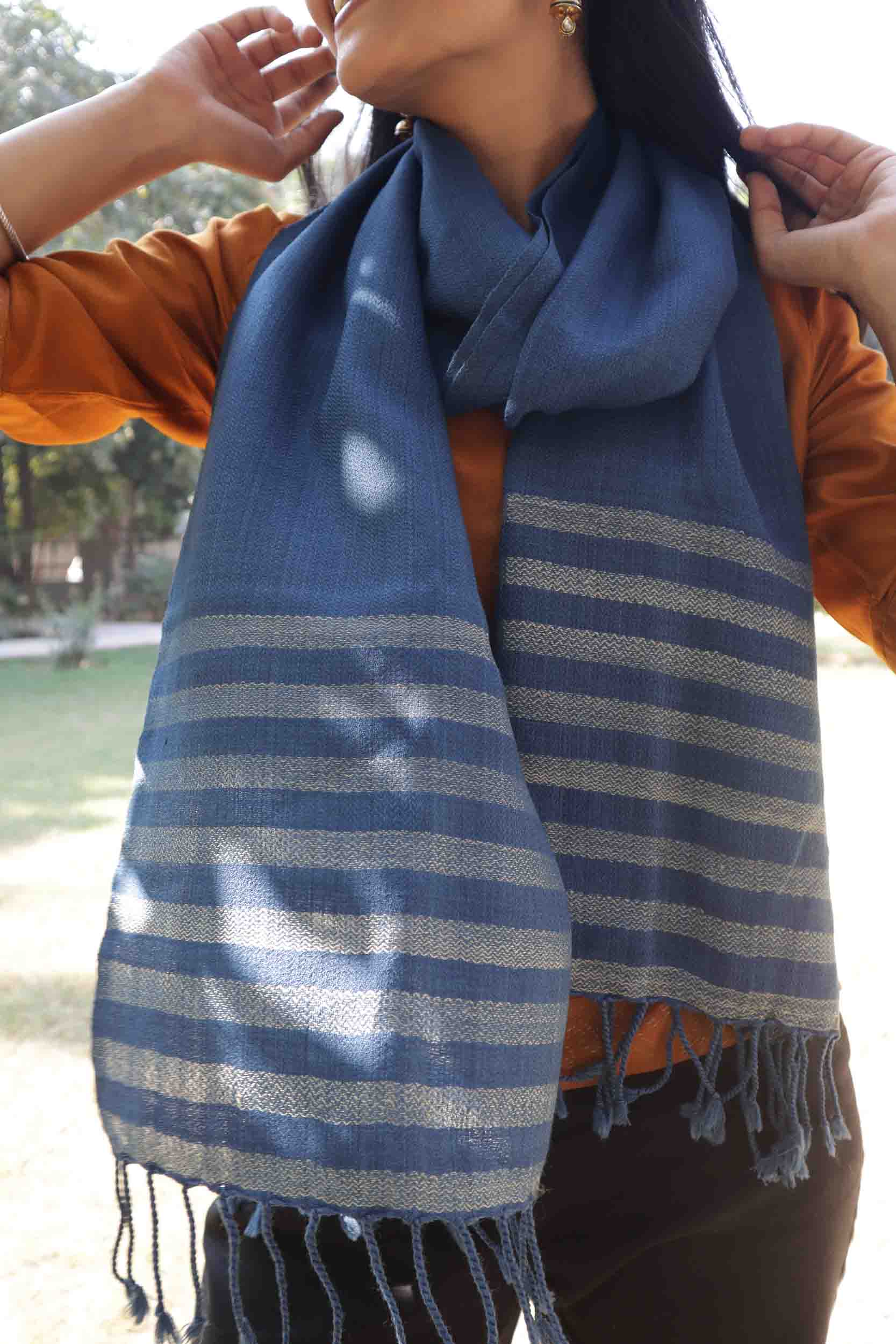 Pure Wool Stole | Indigo with Golden border