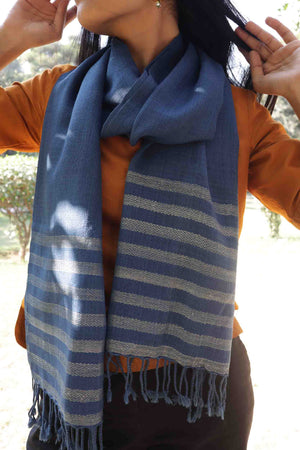 Pure Wool Stole | Indigo with Golden border