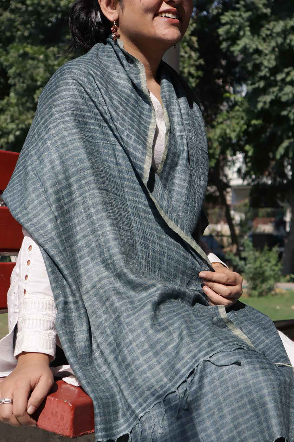 Linen Silk Stole with Checks | Blue & Grey