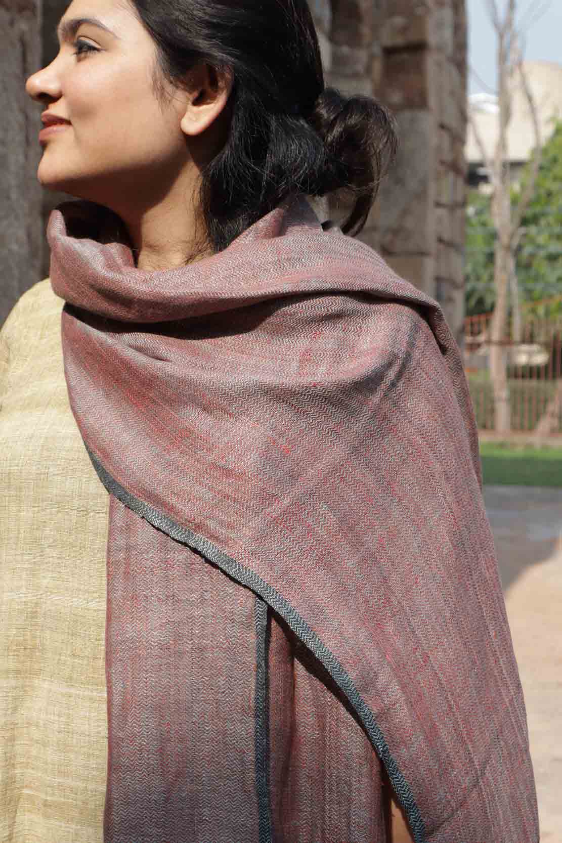 Pointed twill patterend Linen & Eri Silk Stole | Orange and Grey