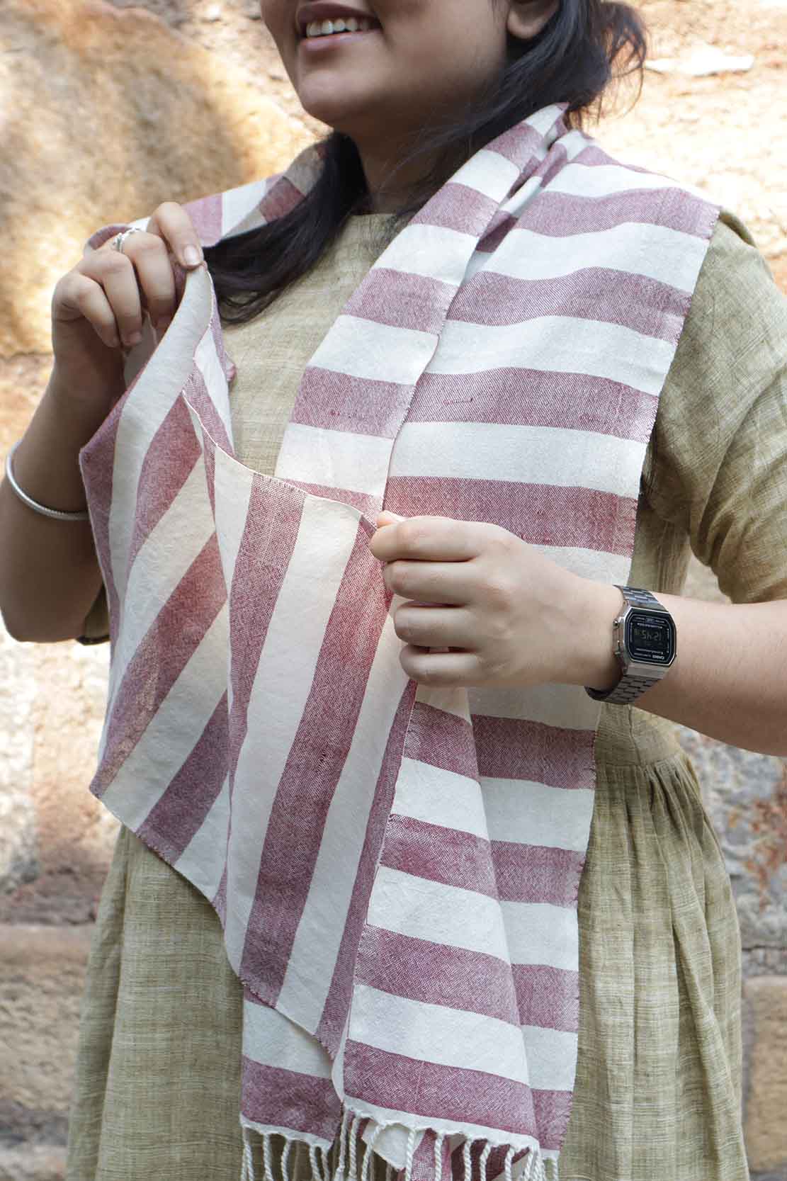 Pure Wool Scarf | Burgundy and Cream Stripes