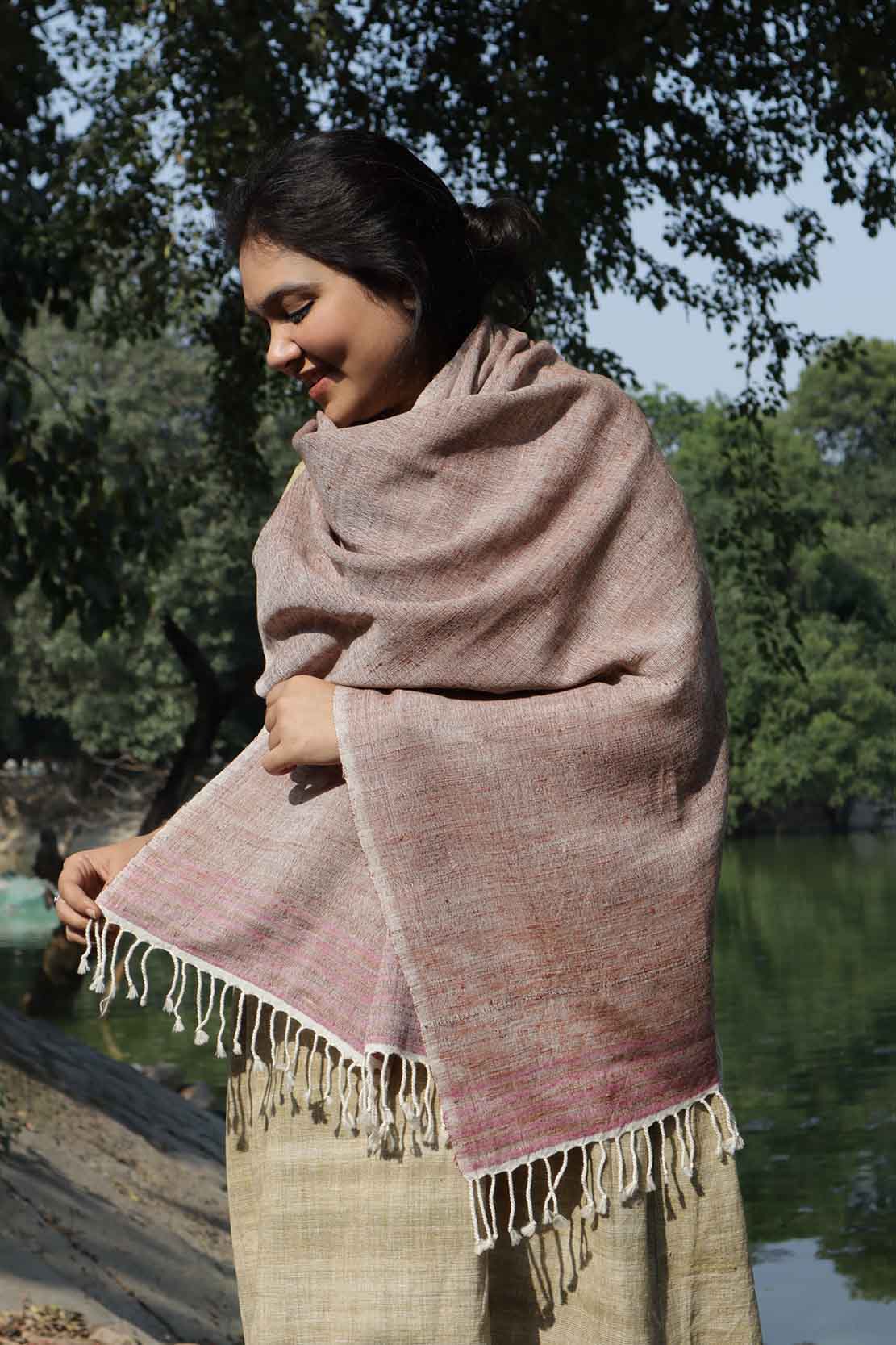 Straited Eri Silk & Merino Wool Stole | Red and White with Lilac Details