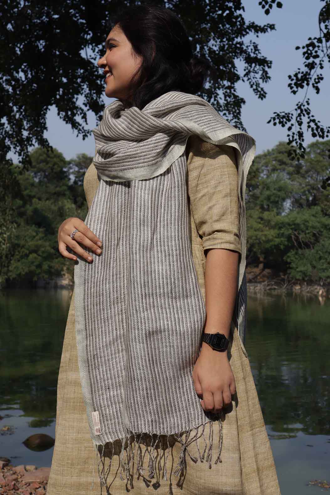 Linen Stole | White and Light Grey Stripes