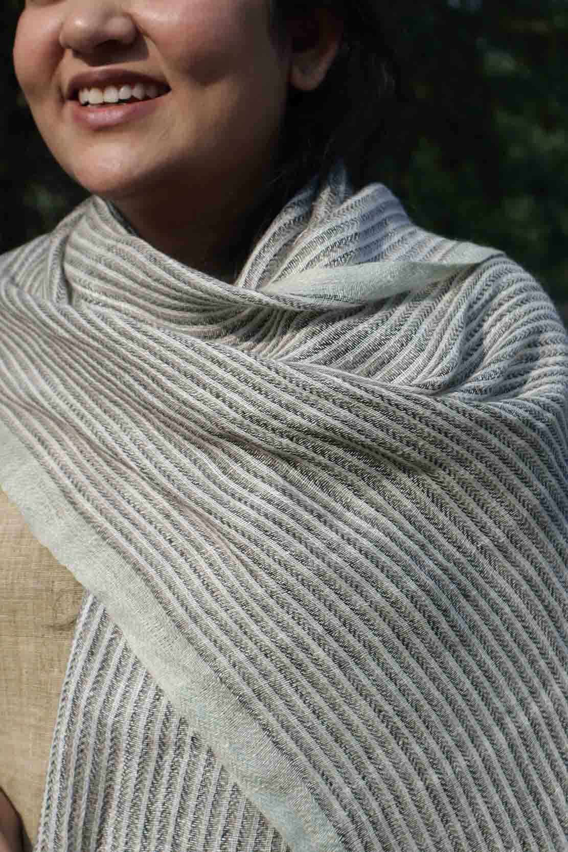 Linen Stole | White and Light Grey Stripes