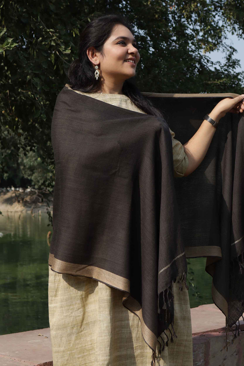 Pure Wool Stole | Black with Ochre Borders