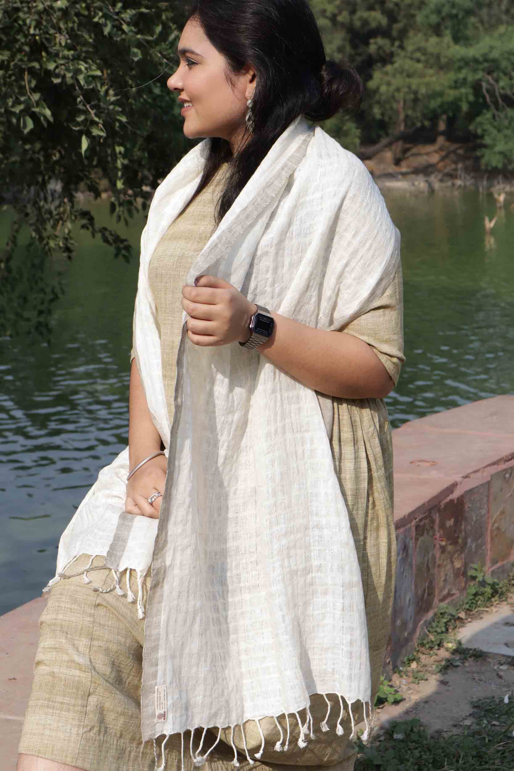 Silk Linen Stole | Undyed with Grey Border