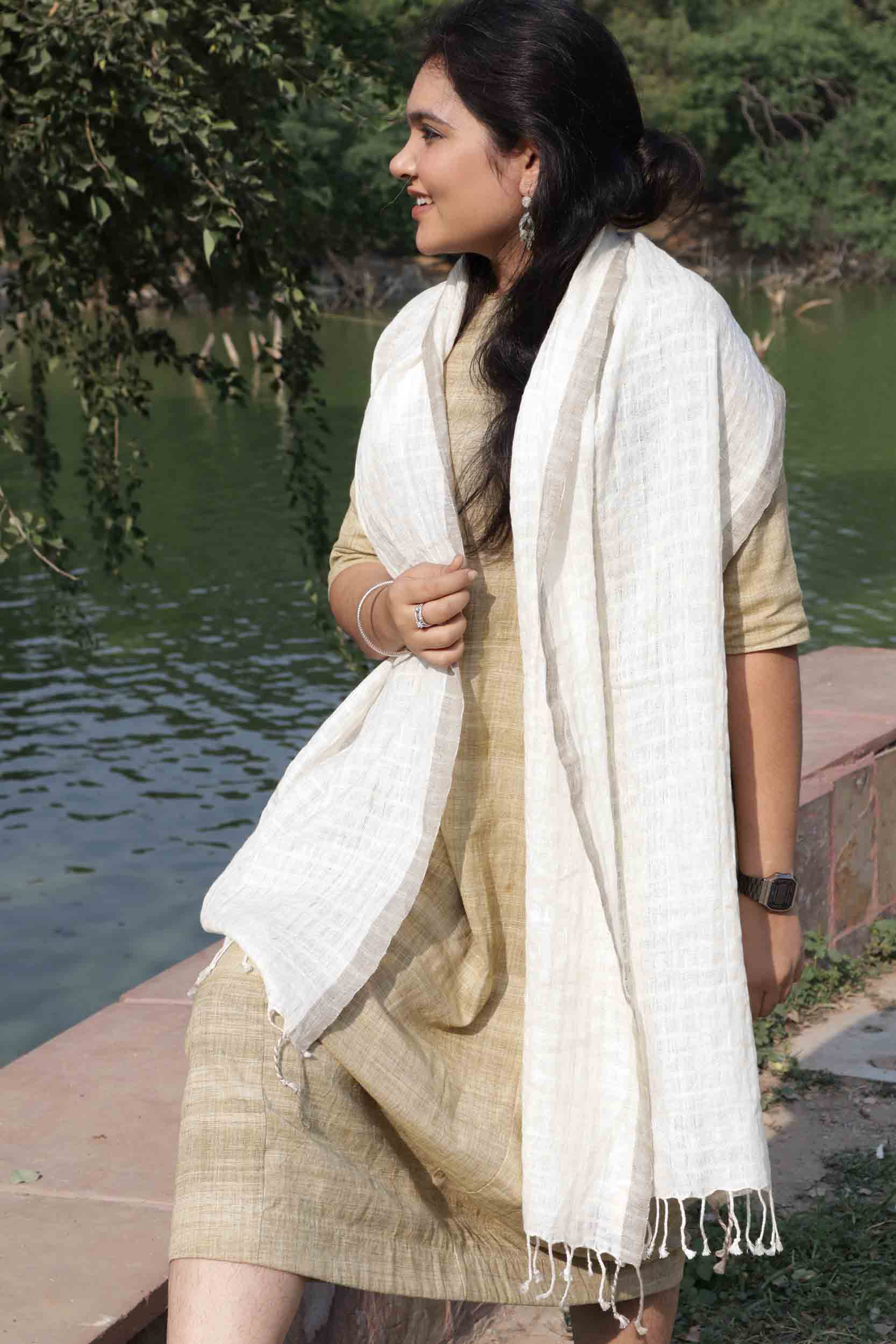 Silk Linen Stole | Undyed with Grey Border